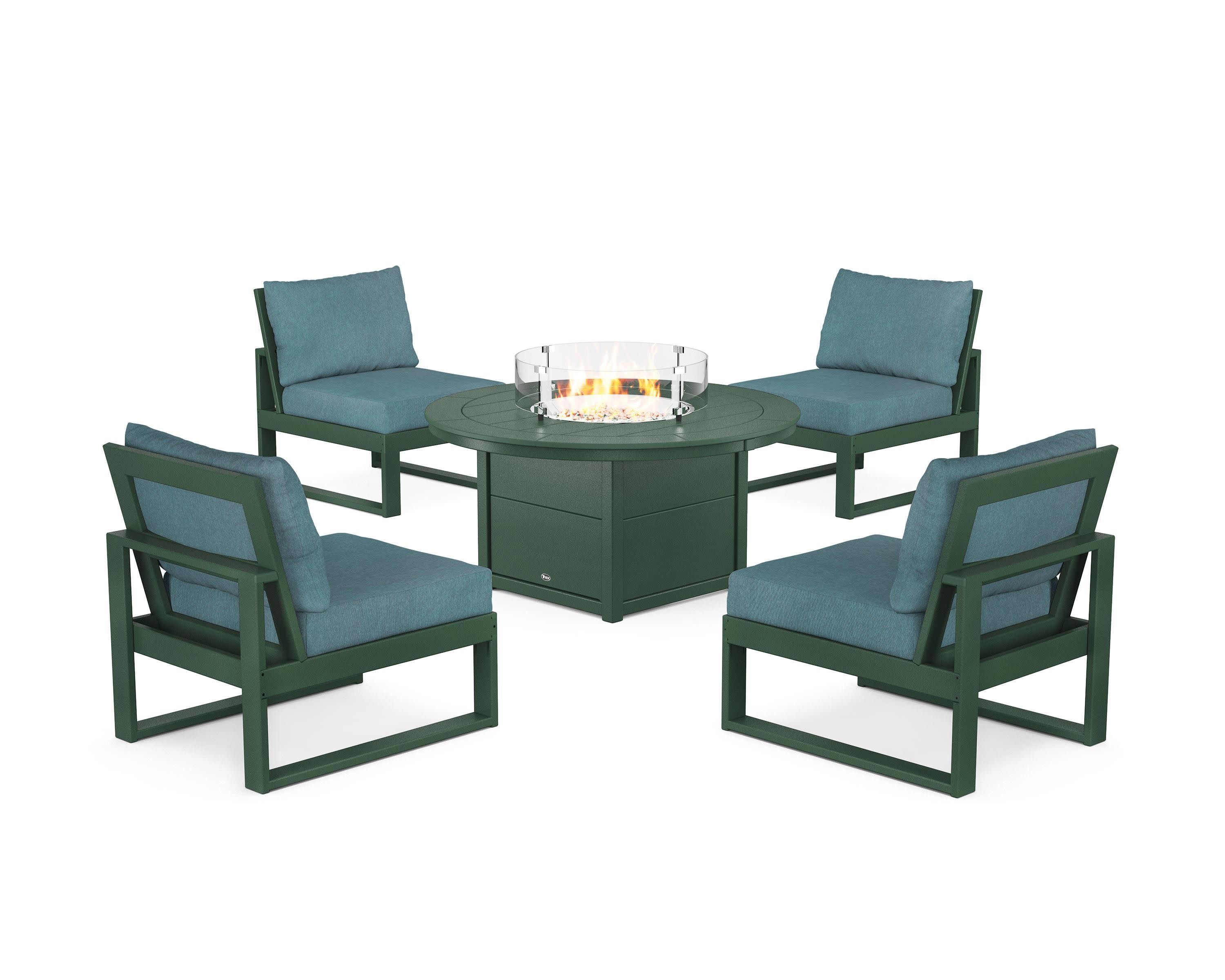 Eastport Modular 5-Piece Deep Seating Set with Round Fire Pit Table in Rainforest Canopy / Ocean Teal