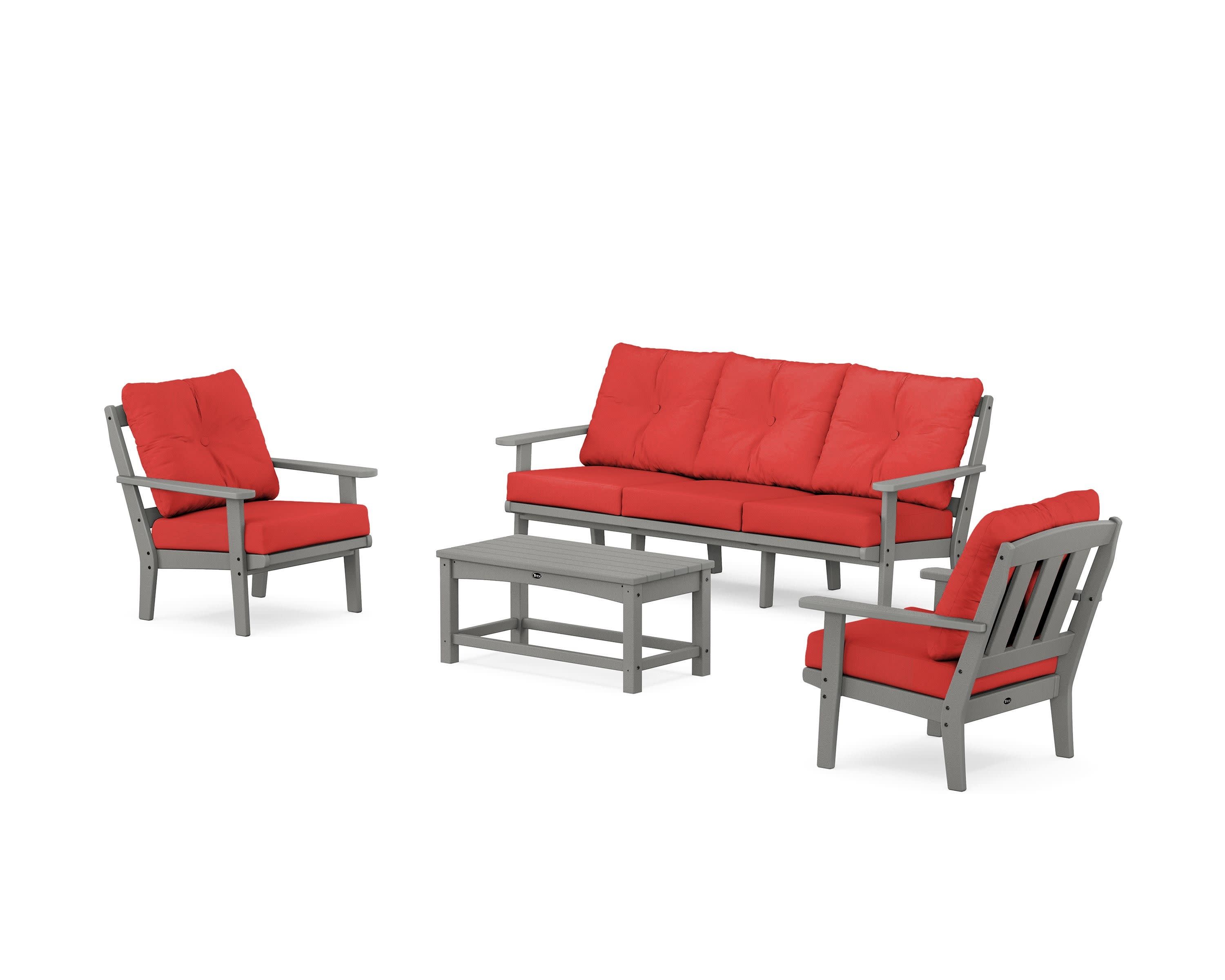 Cape Cod 4-Piece Deep Seating Set with Sofa in Stepping Stone / Crimson Linen