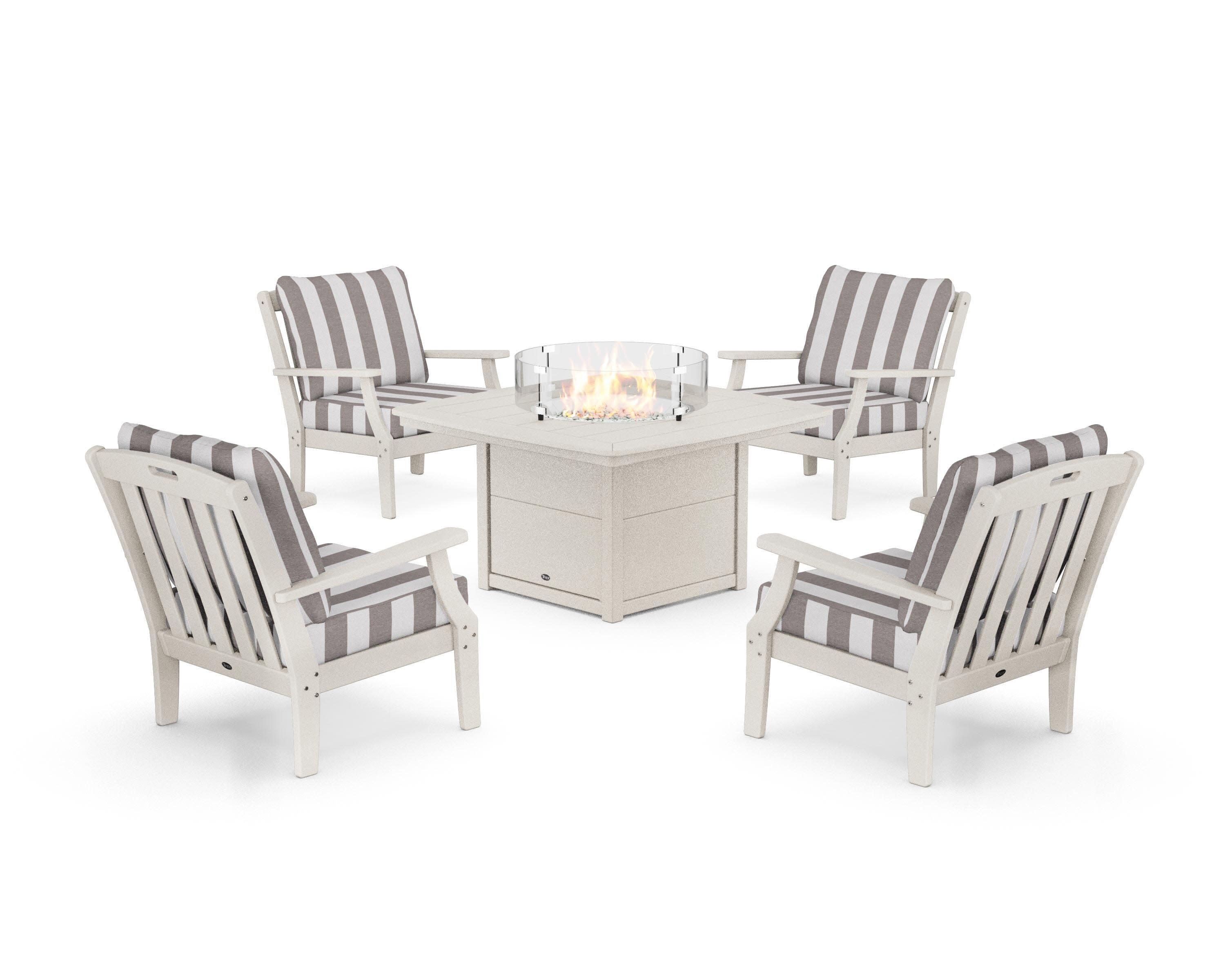 Yacht Club 5-Piece Deep Seating Set with Fire Pit Table in Sand Castle / Cabana Stripe Grey Mist