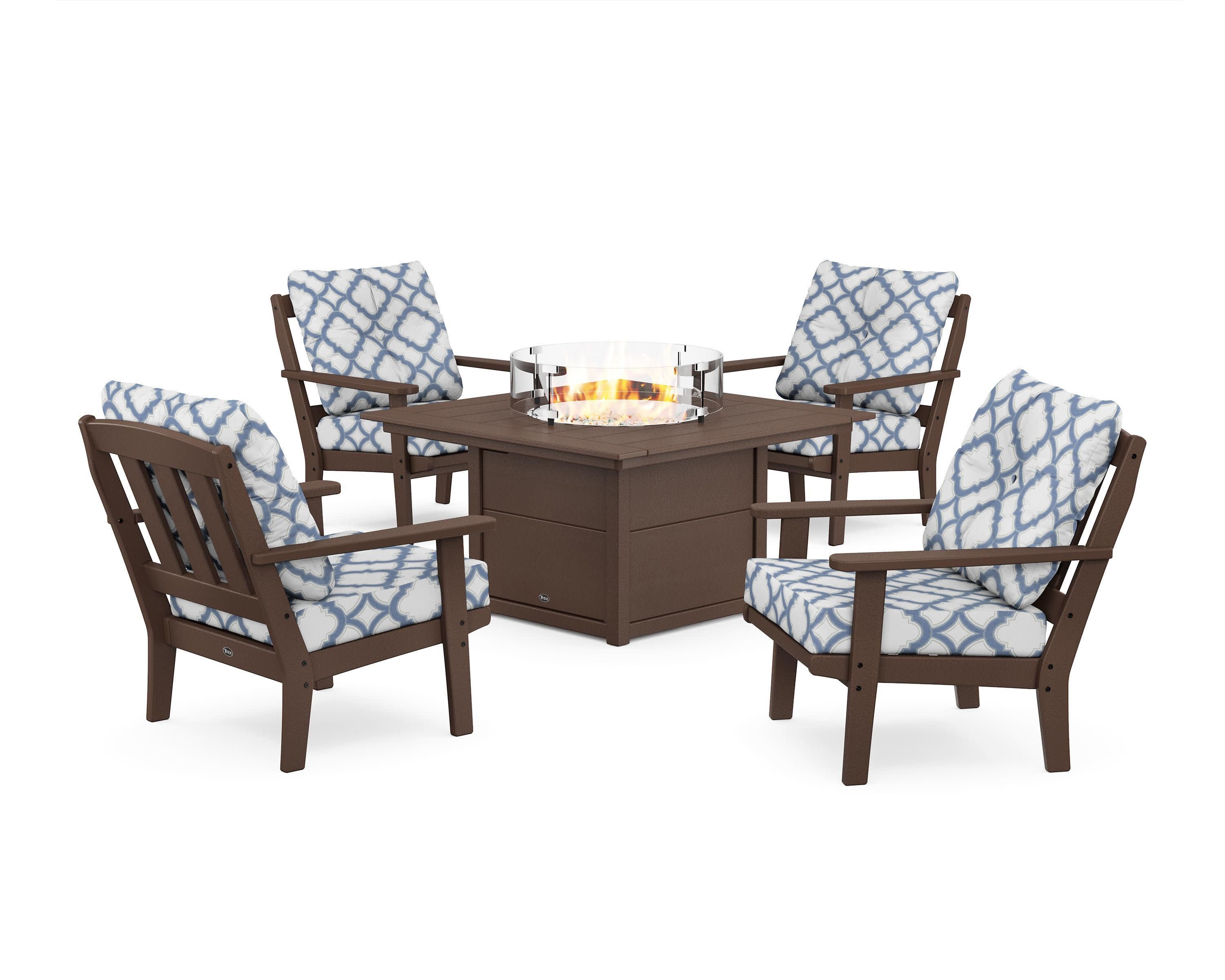 Cape Cod 5-Piece Deep Seating Set with Fire Pit Table in Vintage Lantern / Trellis Sky Blue
