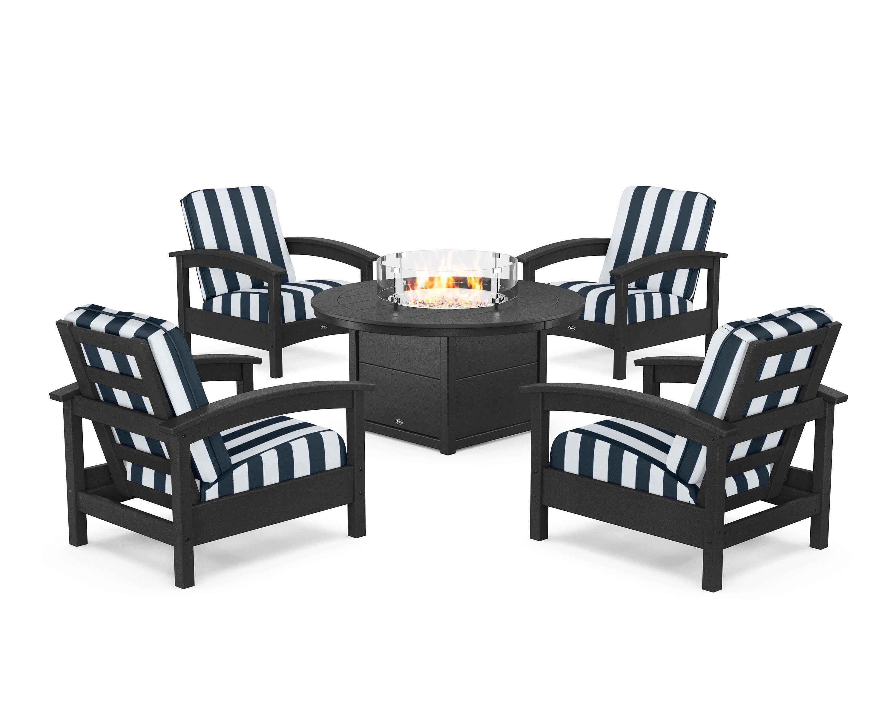 Rockport 5-Piece Deep Seating Set with Round Fire Pit Table in Charcoal Black / Cabana Stripe Marine Indigo
