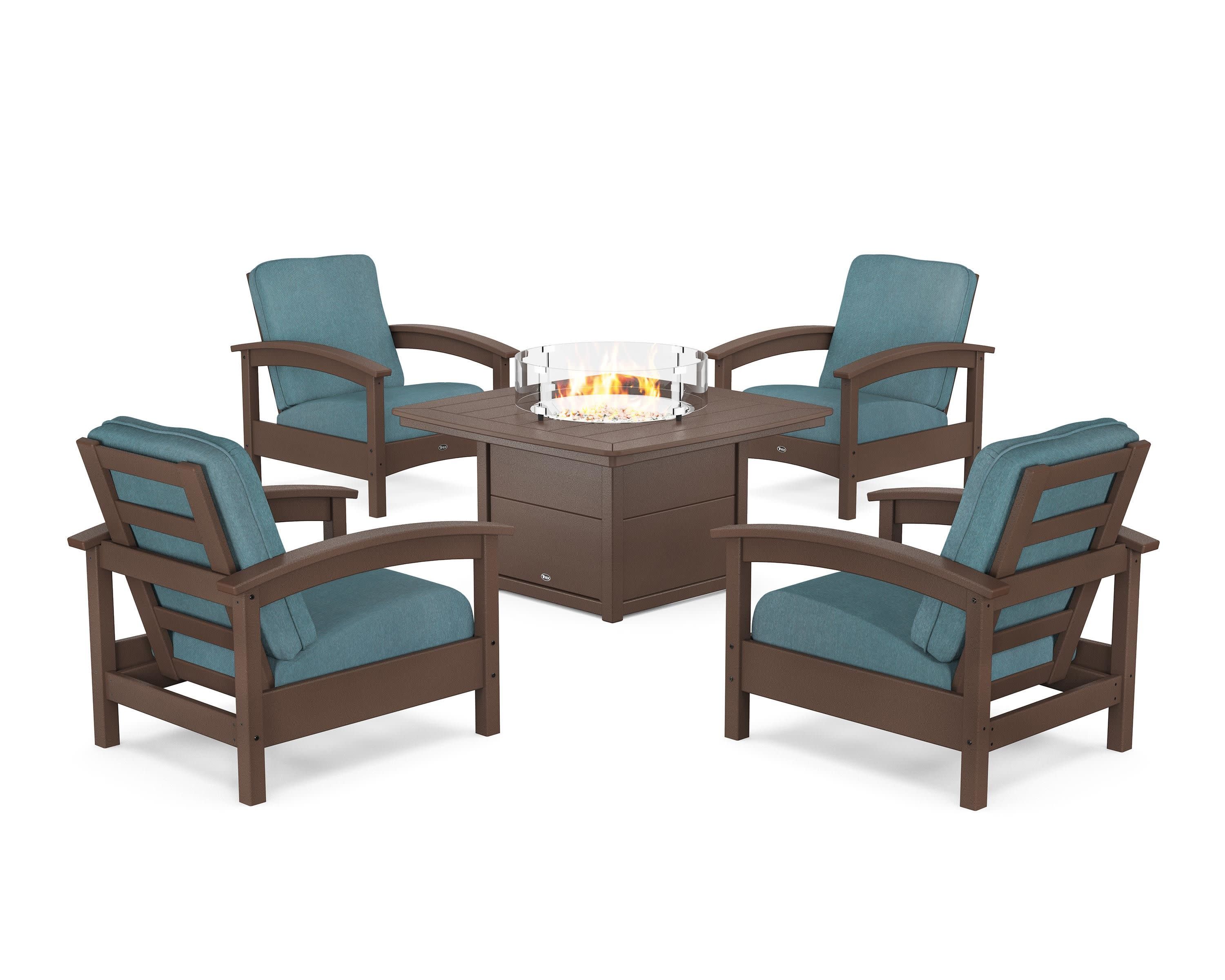 Rockport 5-Piece Deep Seating Set with Yacht Club Fire Pit Table in Vintage Lantern / Ocean Teal