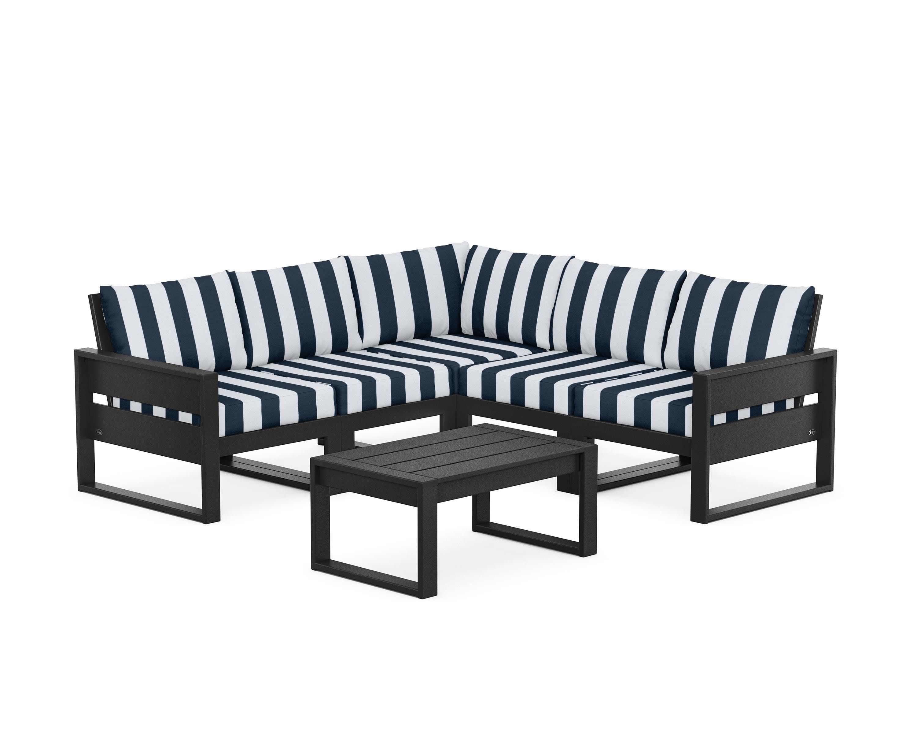 Eastport 6-Piece Deep Seating Sectional + Coffee Table Set in Charcoal Black / Cabana Stripe Marine Indigo