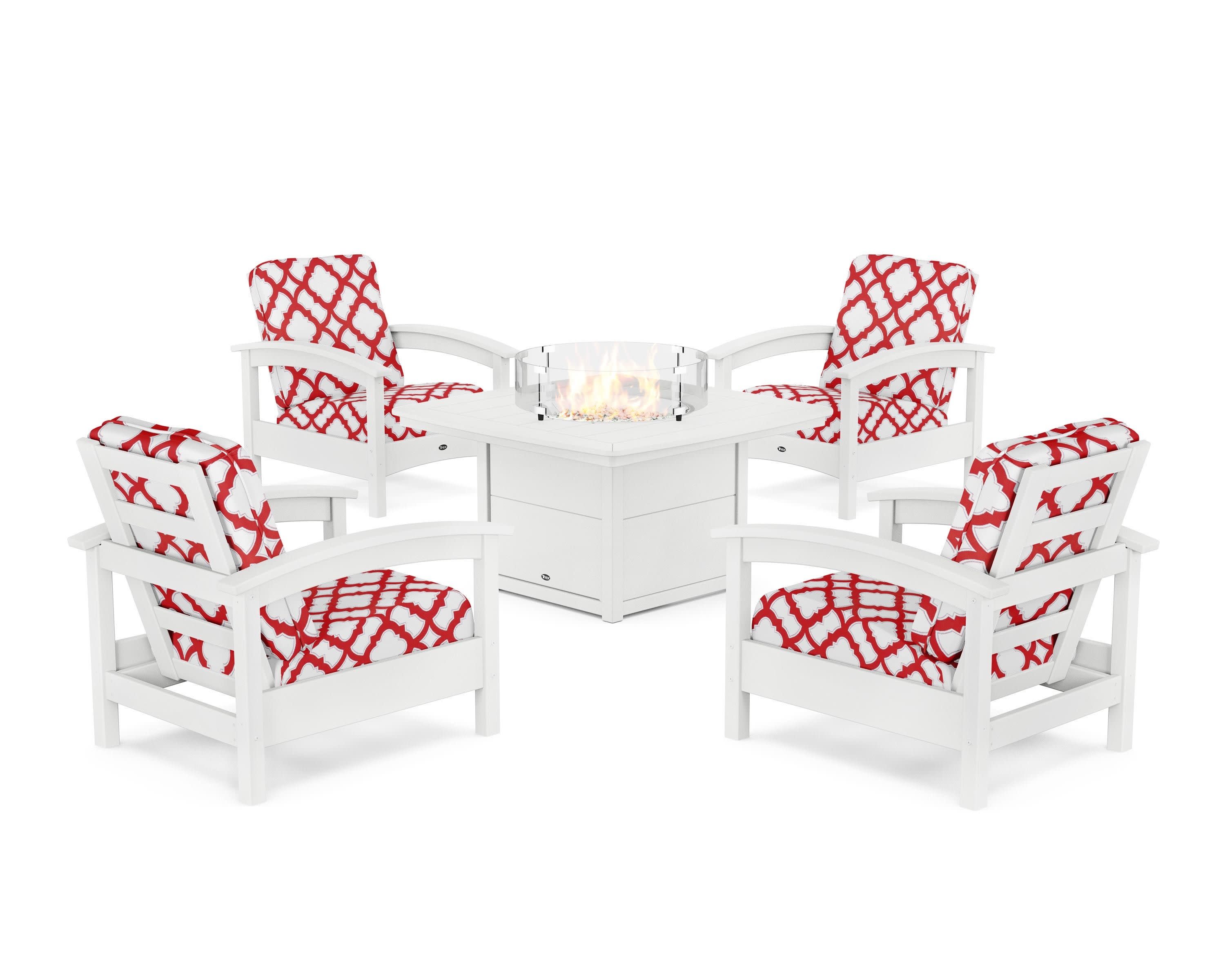 Rockport 5-Piece Deep Seating Set with Yacht Club Fire Pit Table in Classic White / Trellis Crimson
