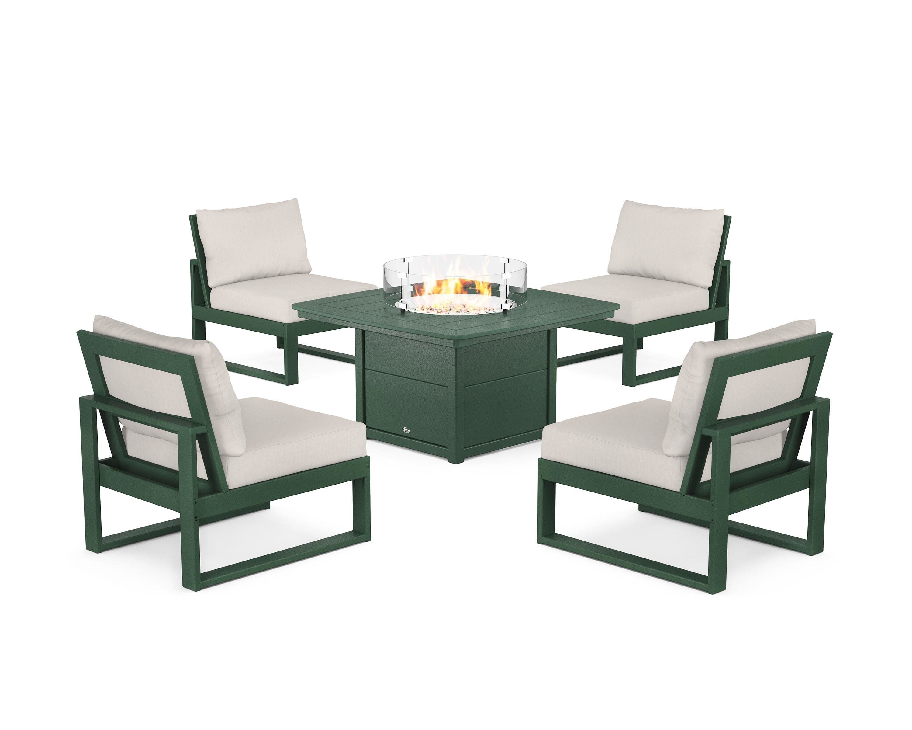 Eastport Modular 5-Piece Deep Seating Set with Yacht Club Fire Pit Table in Rainforest Canopy / Cast Ash