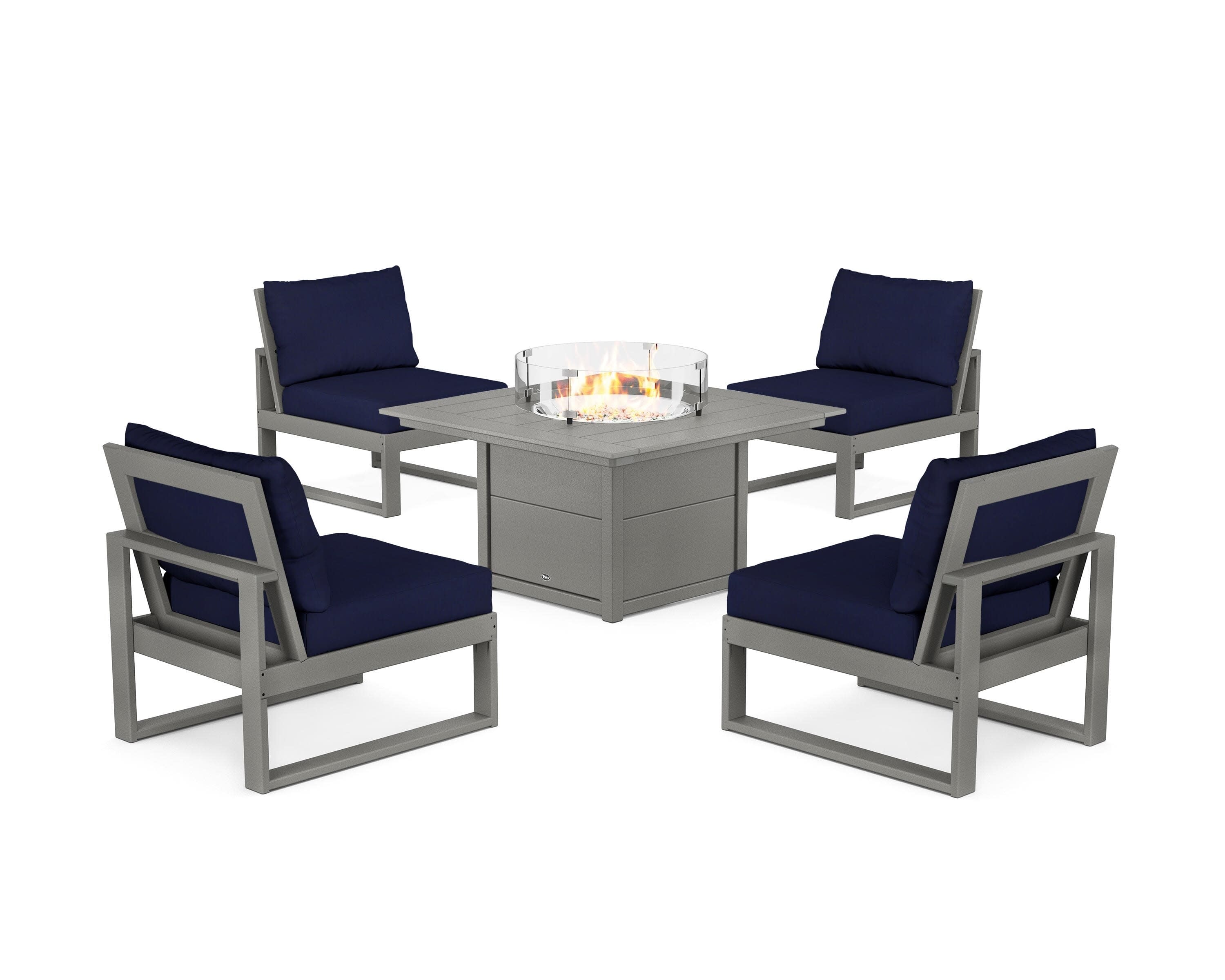 Eastport Modular 5-Piece Deep Seating Set with Square Fire Pit Table in Stepping Stone / Navy