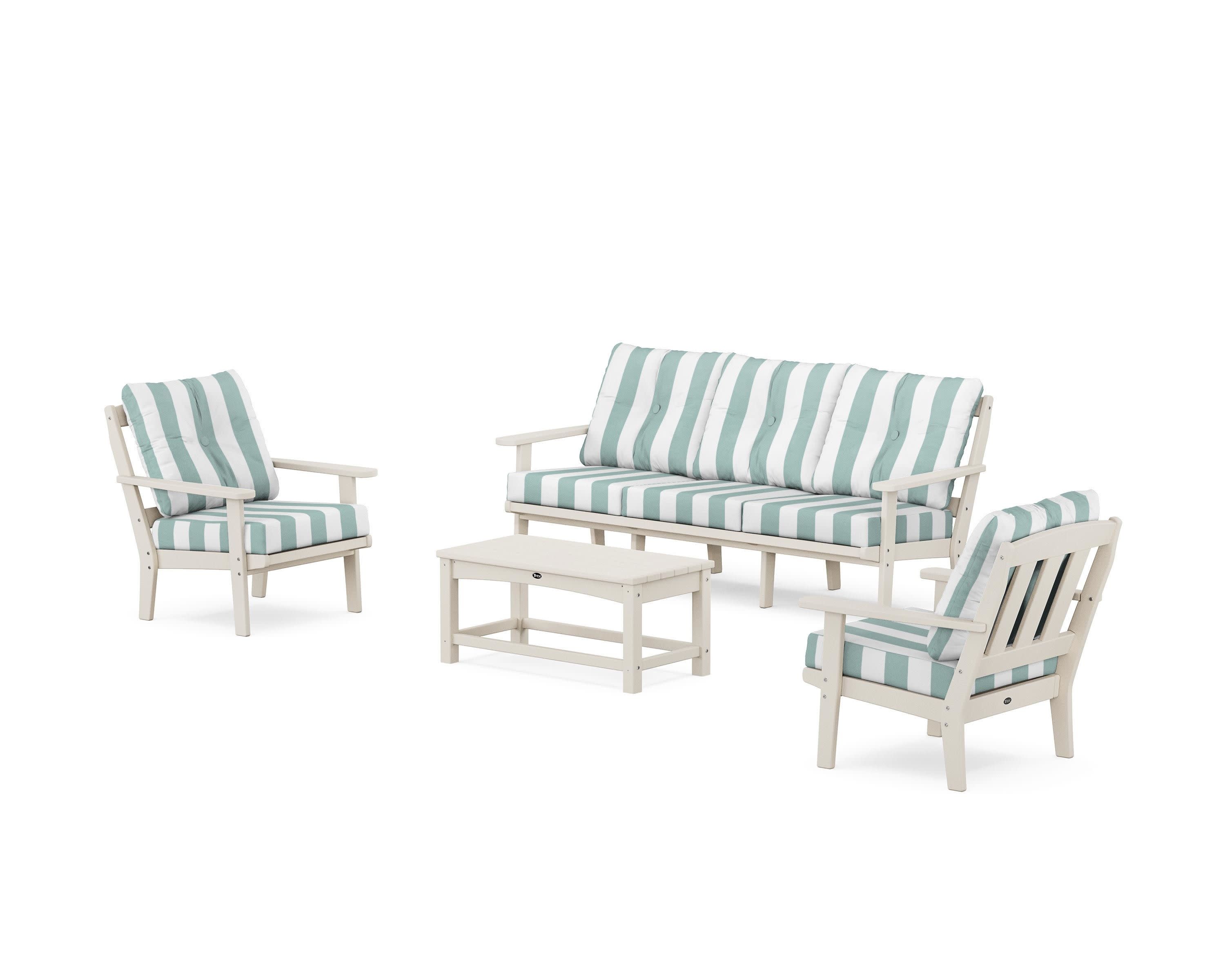 Cape Cod 4-Piece Deep Seating Set with Sofa in Sand Castle / Cabana Stripe Glacier Spa