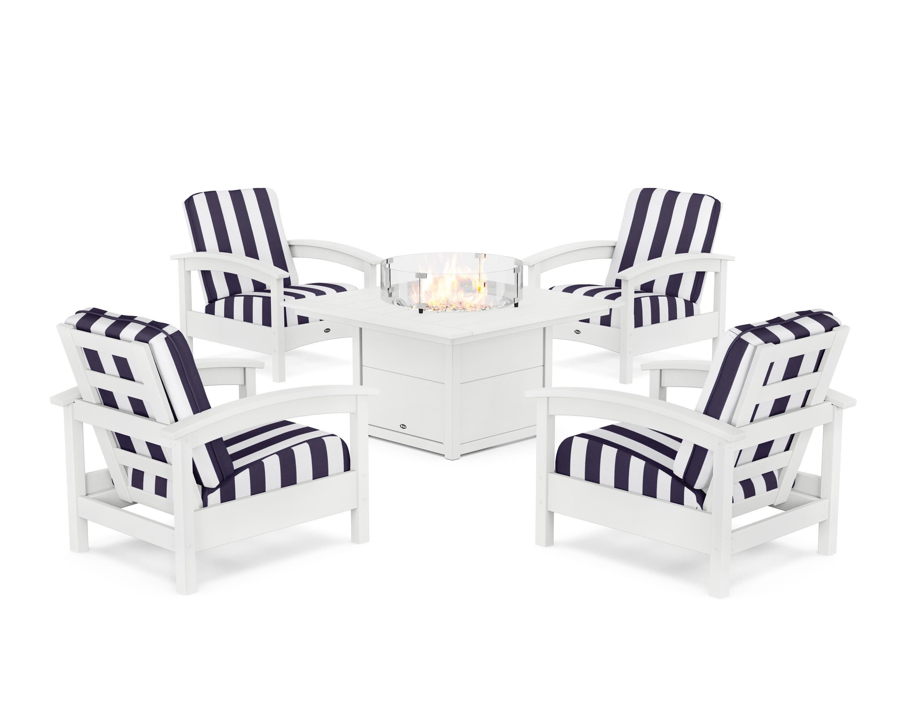Rockport 5-Piece Deep Seating Set with Square Fire Pit Table in Classic White / Cabana Stripe Navy
