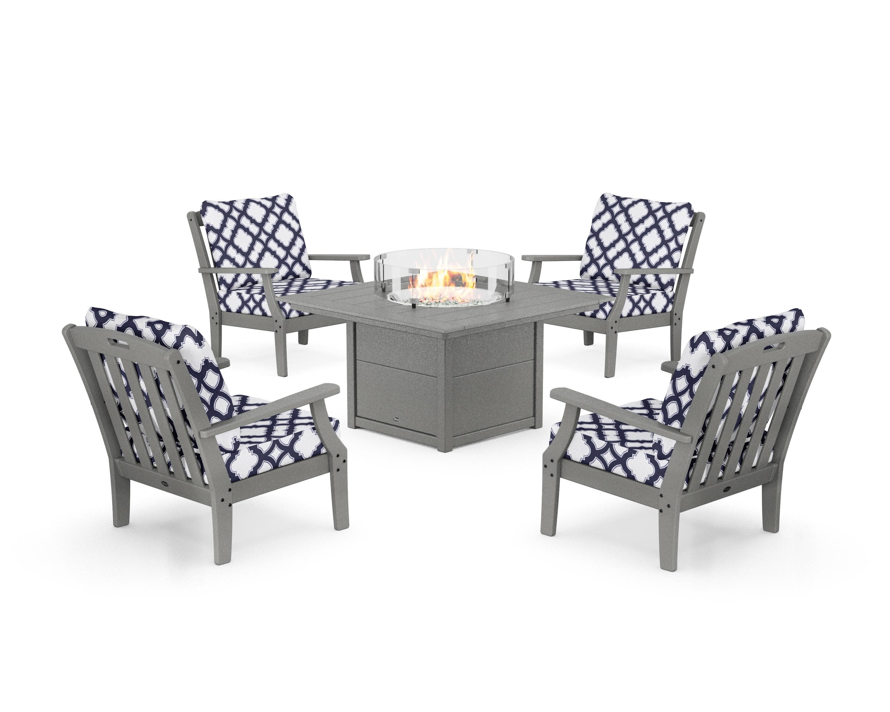 Yacht Club 5-Piece Deep Seating Set with Square Fire Pit Table in Stepping Stone / Trellis Navy