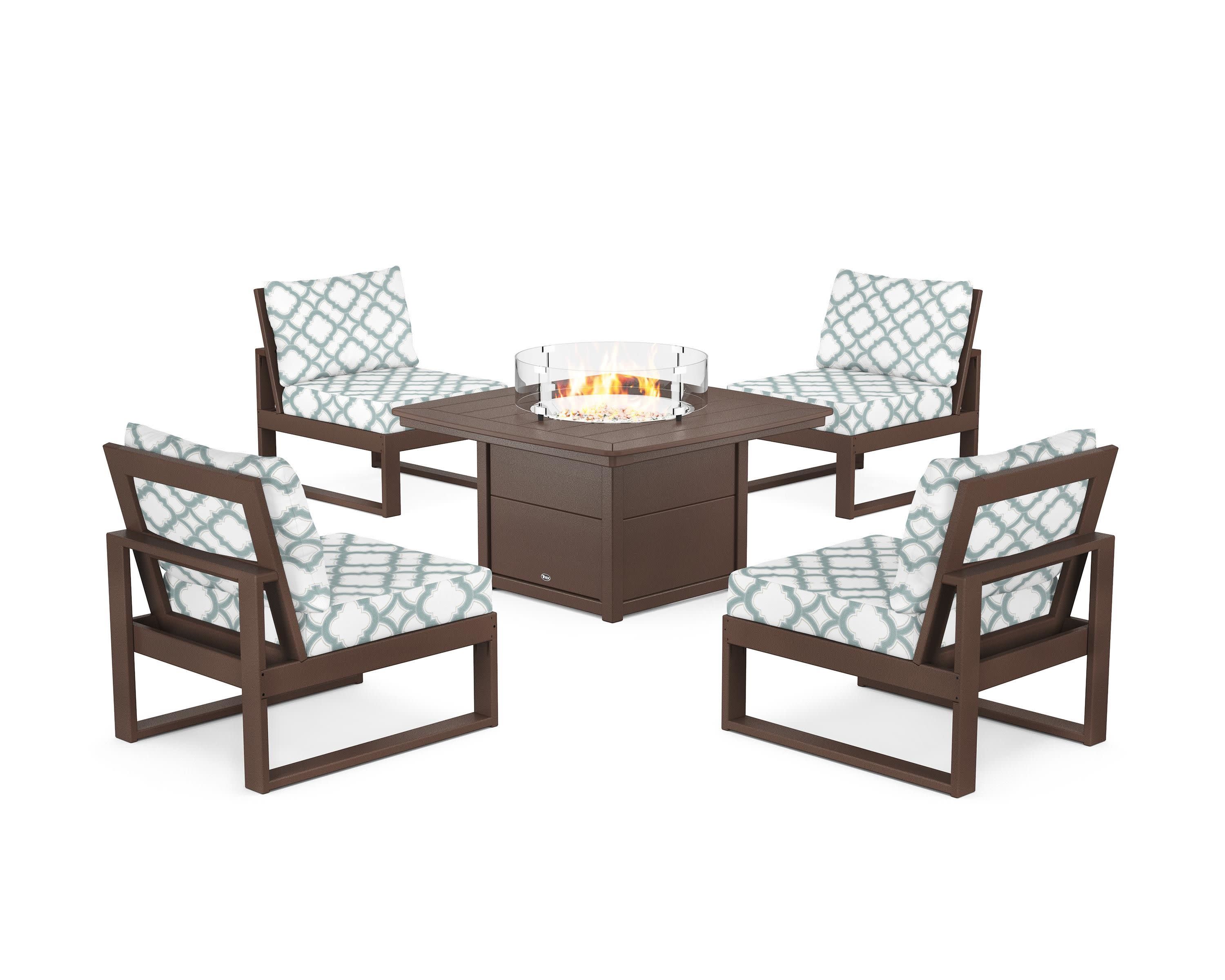 Eastport Modular 5-Piece Deep Seating Set with Yacht Club Fire Pit Table in Vintage Lantern / Trellis Glacier Spa