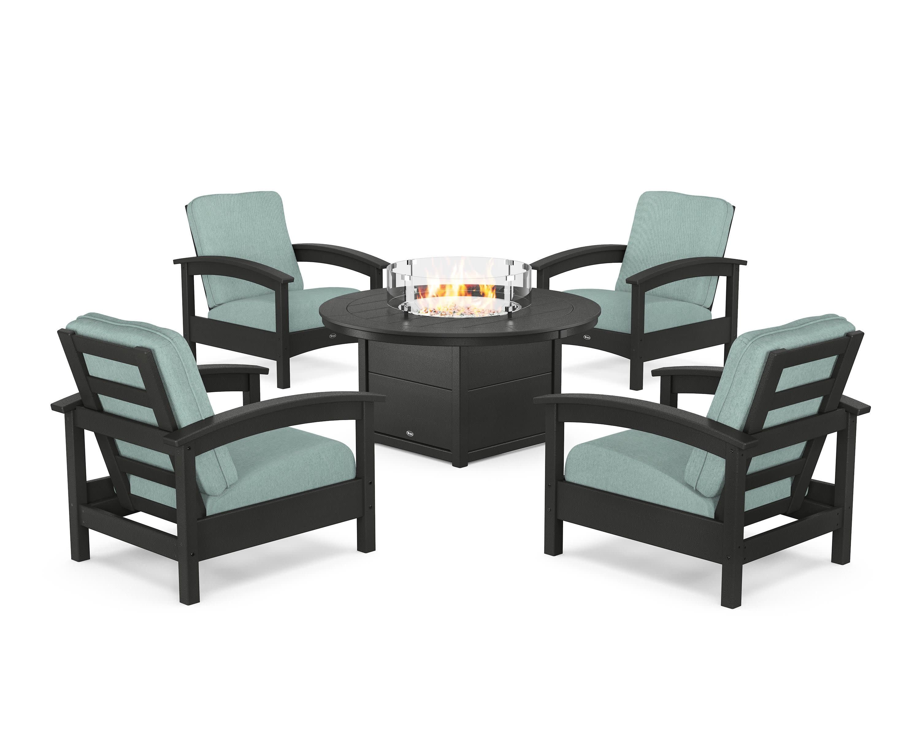 Rockport 5-Piece Deep Seating Set with Round Fire Pit Table in Charcoal Black / Glacier Spa