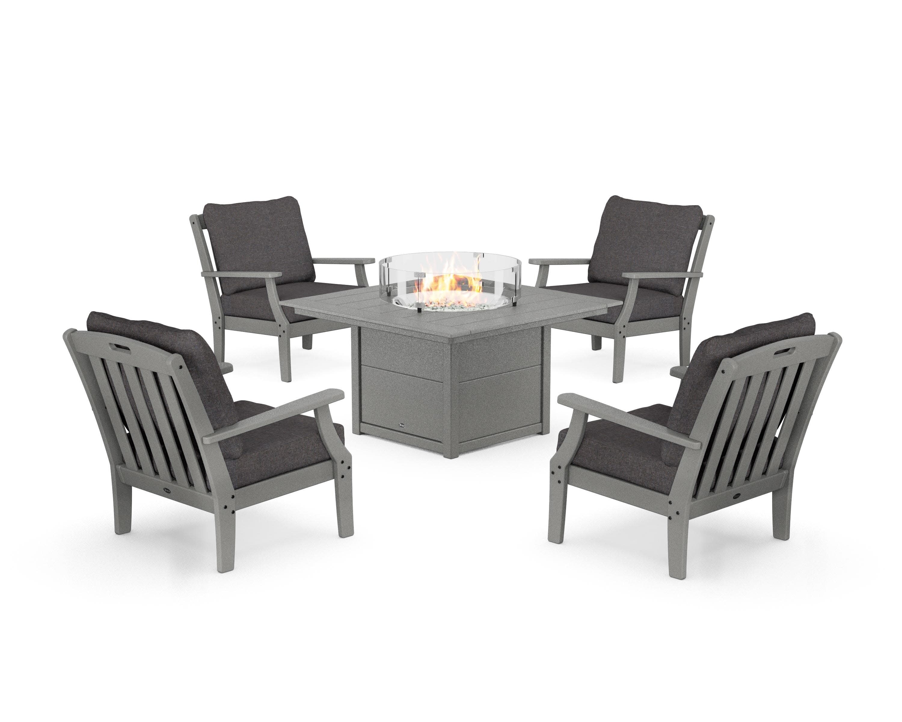 Yacht Club 5-Piece Deep Seating Set with Square Fire Pit Table in Stepping Stone / Ash Charcoal