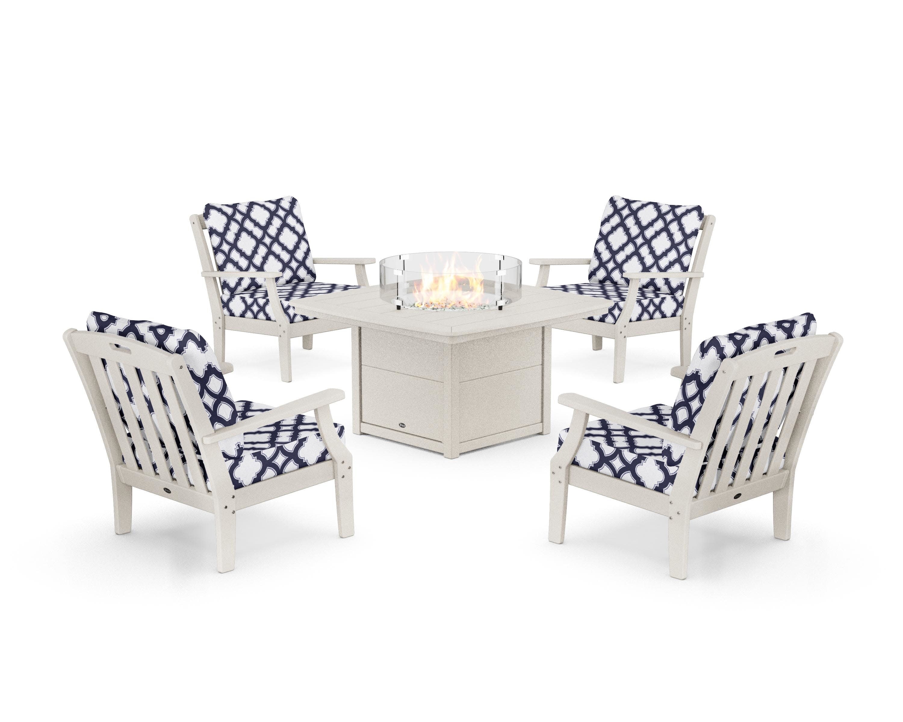 Yacht Club 5-Piece Deep Seating Set with Fire Pit Table in Sand Castle / Trellis Navy