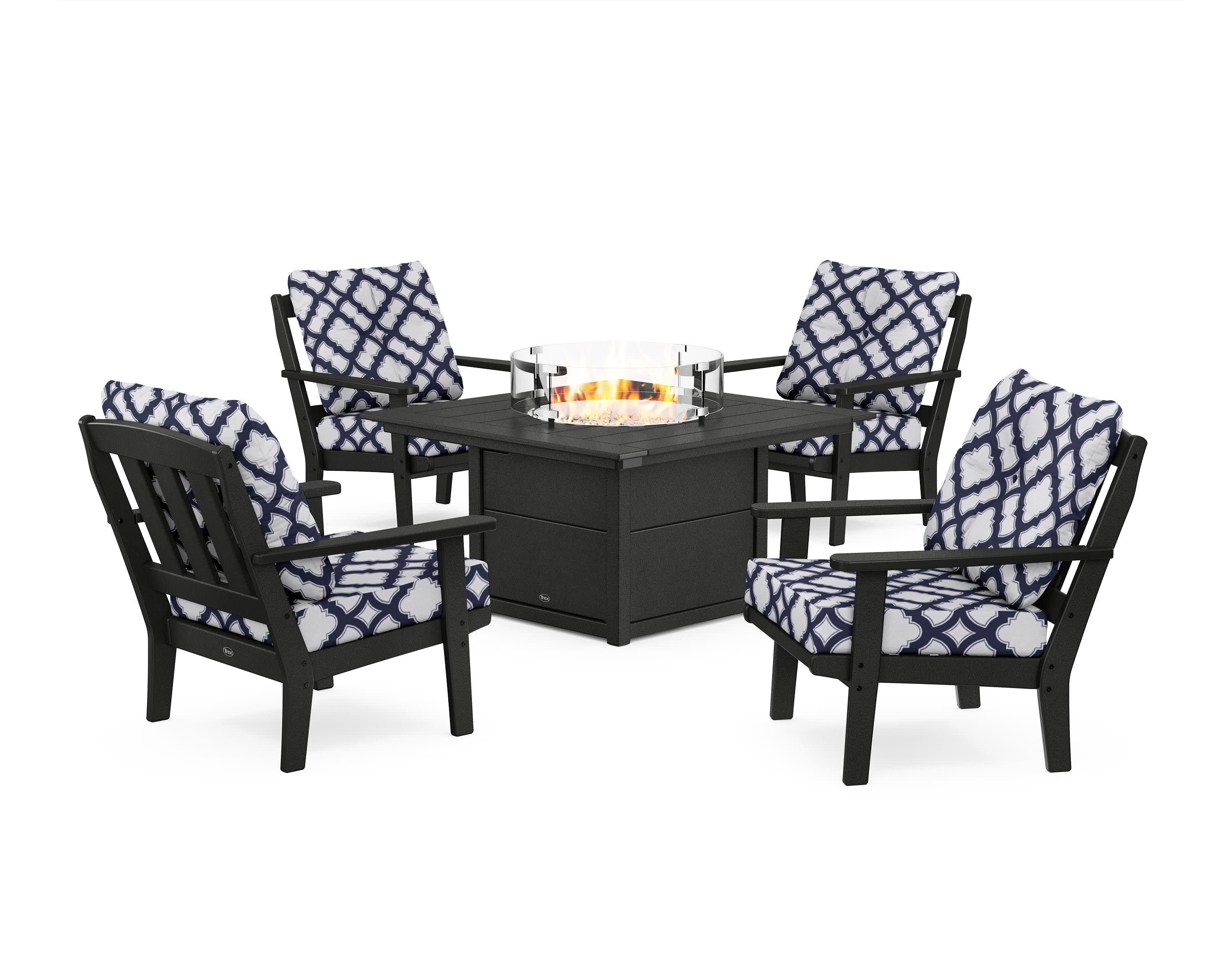 Cape Cod 5-Piece Deep Seating Set with Fire Pit Table in Charcoal Black / Trellis Navy