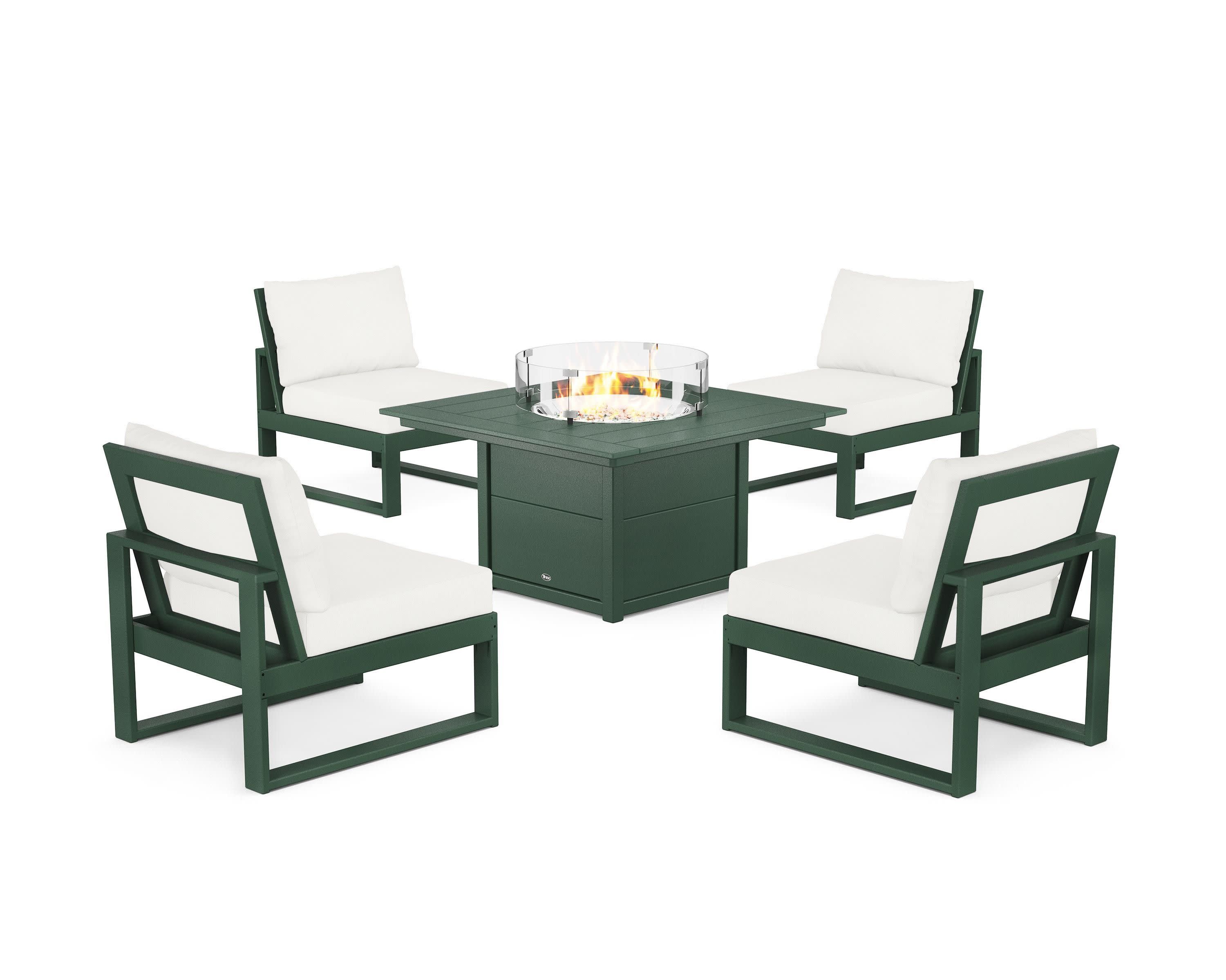 Eastport Modular 5-Piece Deep Seating Set with Square Fire Pit Table in Rainforest Canopy / Natural Linen