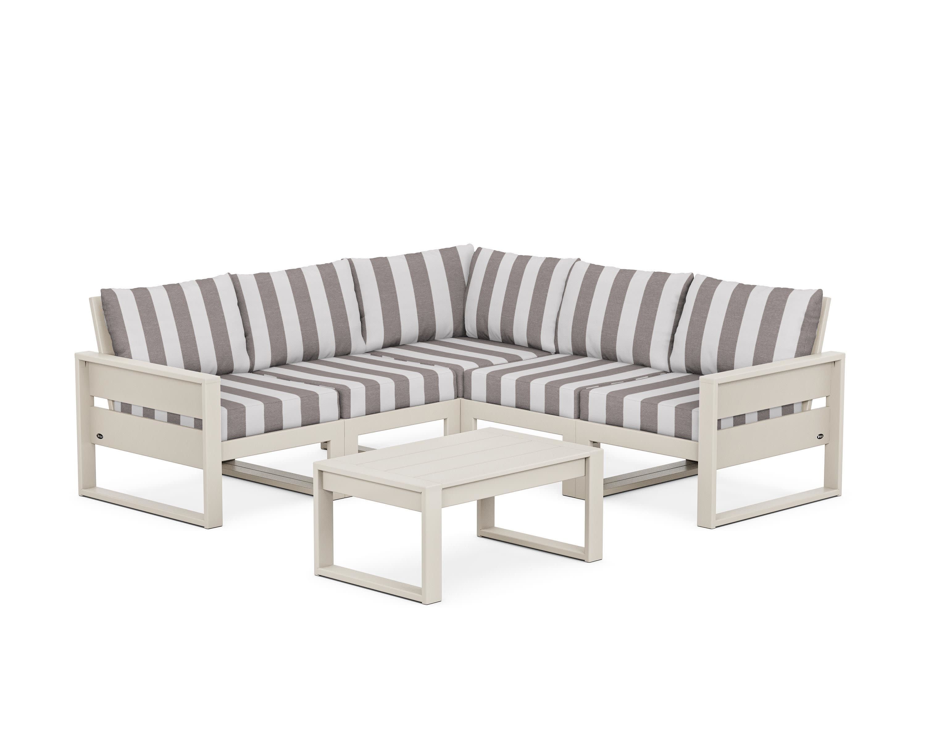 Eastport 6-Piece Deep Seating Sectional + Coffee Table Set in Sand Castle / Cabana Stripe Grey Mist