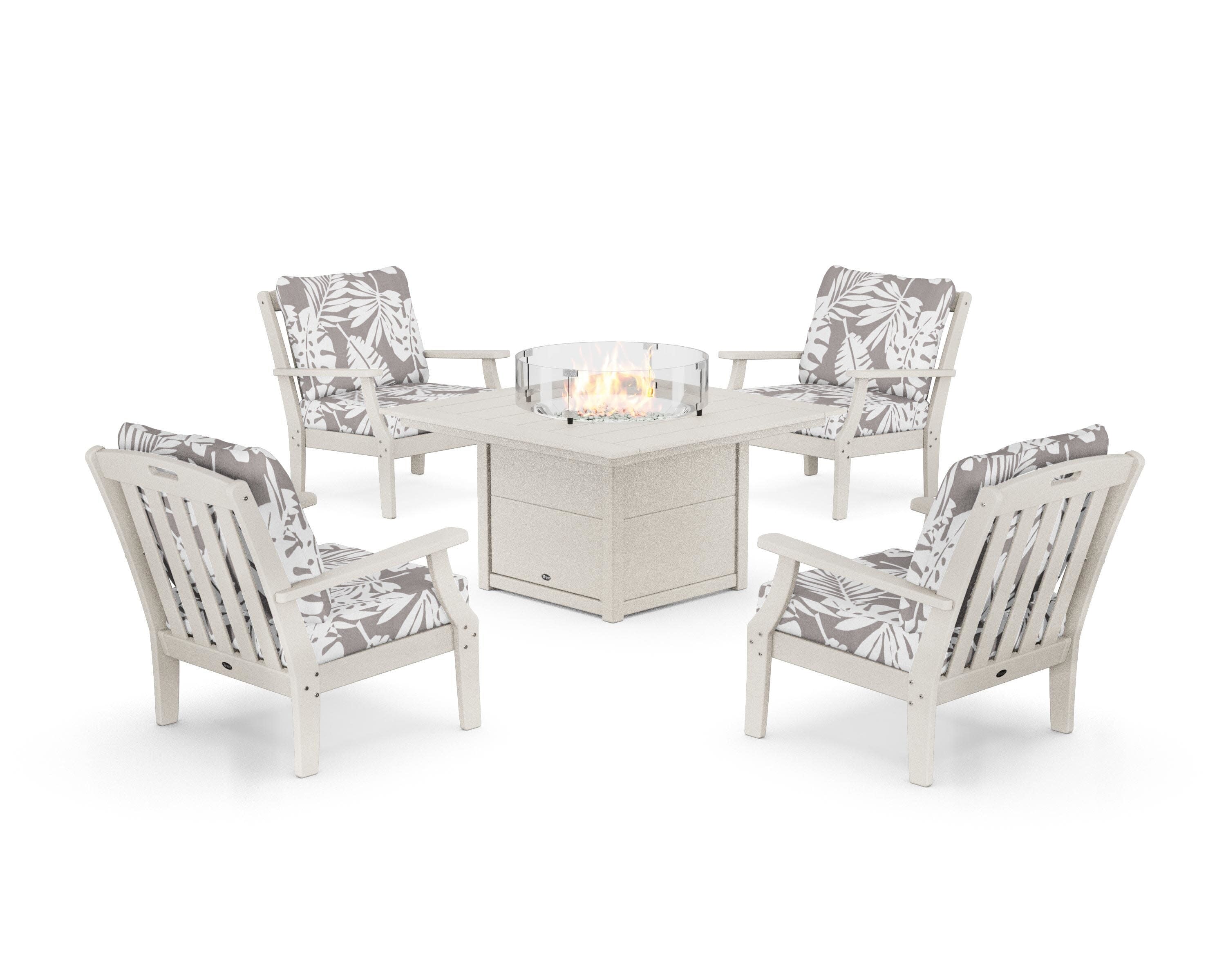 Yacht Club 5-Piece Deep Seating Set with Square Fire Pit Table in Sand Castle / Leaf Grey Mist
