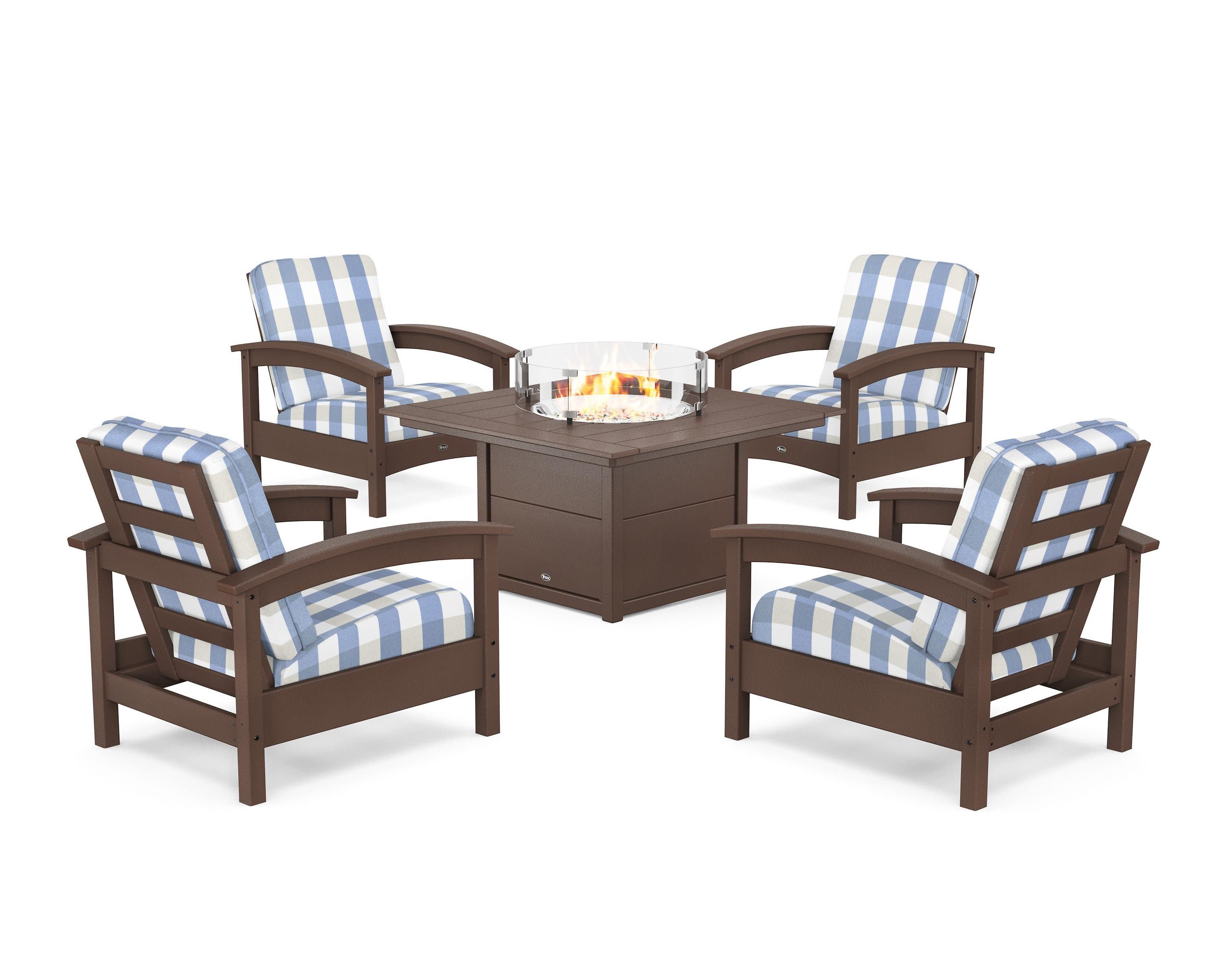 Rockport 5-Piece Deep Seating Set with Square Fire Pit Table in Vintage Lantern / Buffalo Plaid Sky Blue