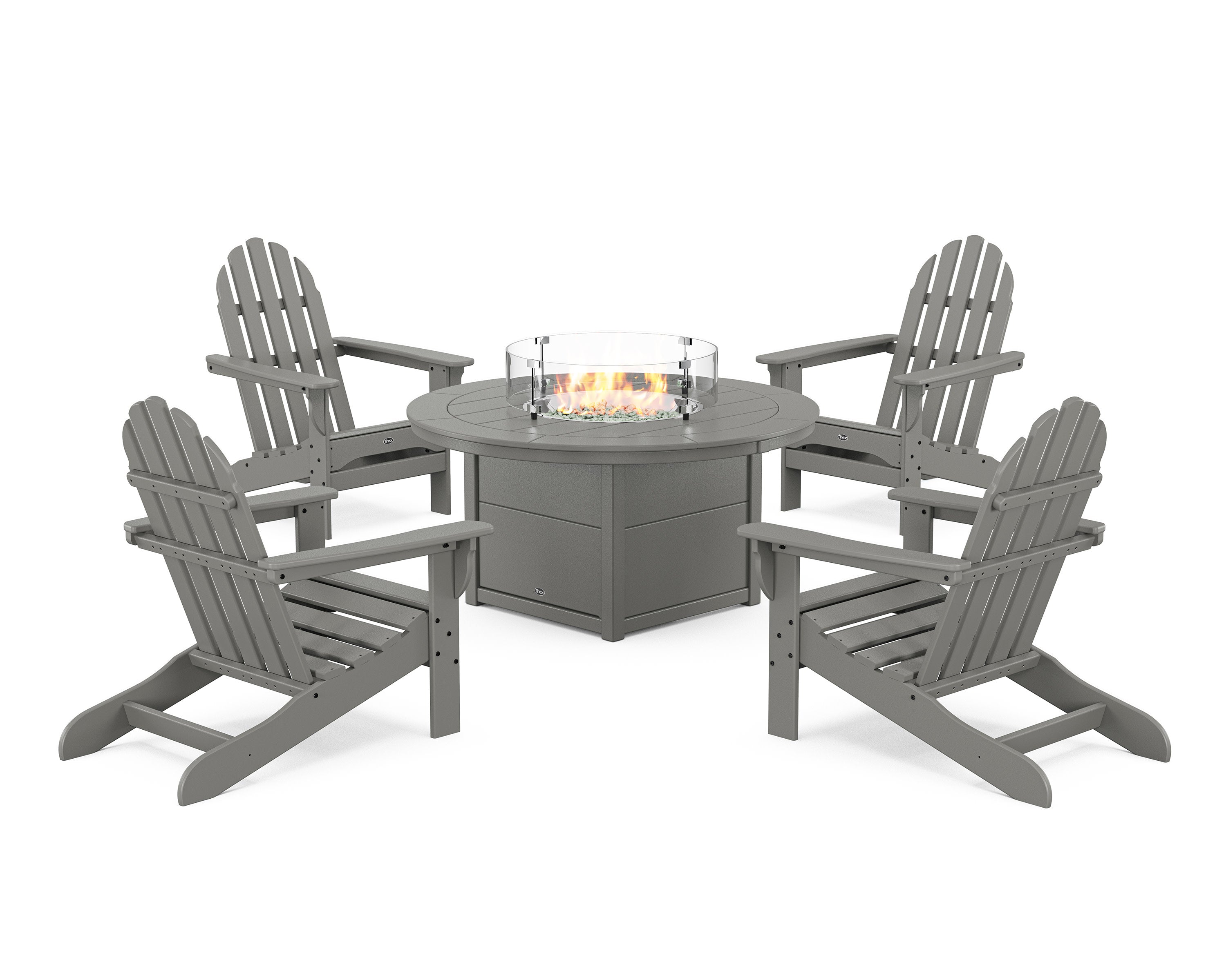 Cape Cod Adirondack 5-Piece Set with Round Fire Pit Table in Stepping Stone
