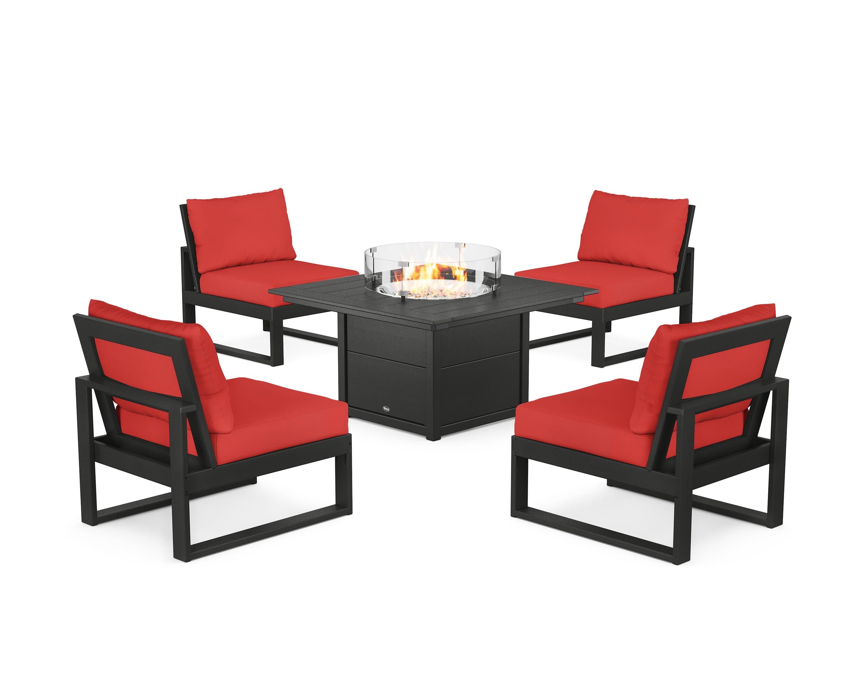 Eastport Modular 5-Piece Deep Seating Set with Square Fire Pit Table in Charcoal Black / Crimson Linen