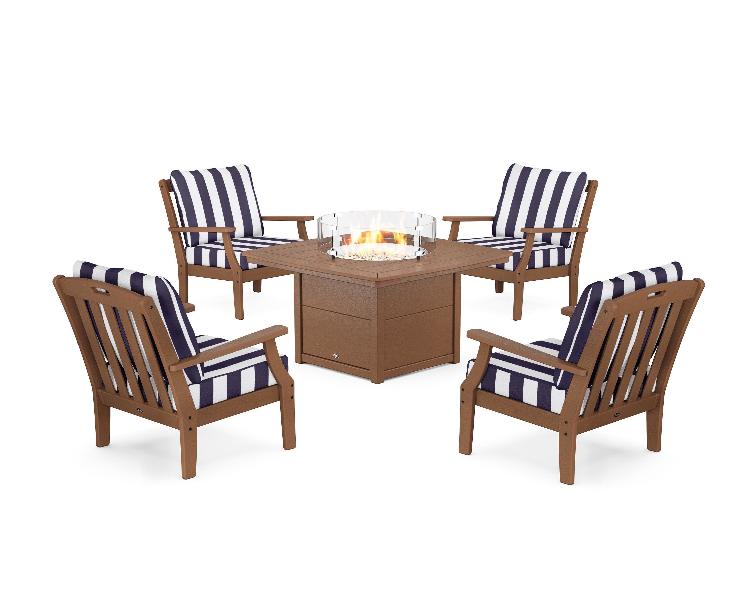 Yacht Club 5-Piece Deep Seating Set with Fire Pit Table in Tree House / Cabana Stripe Navy