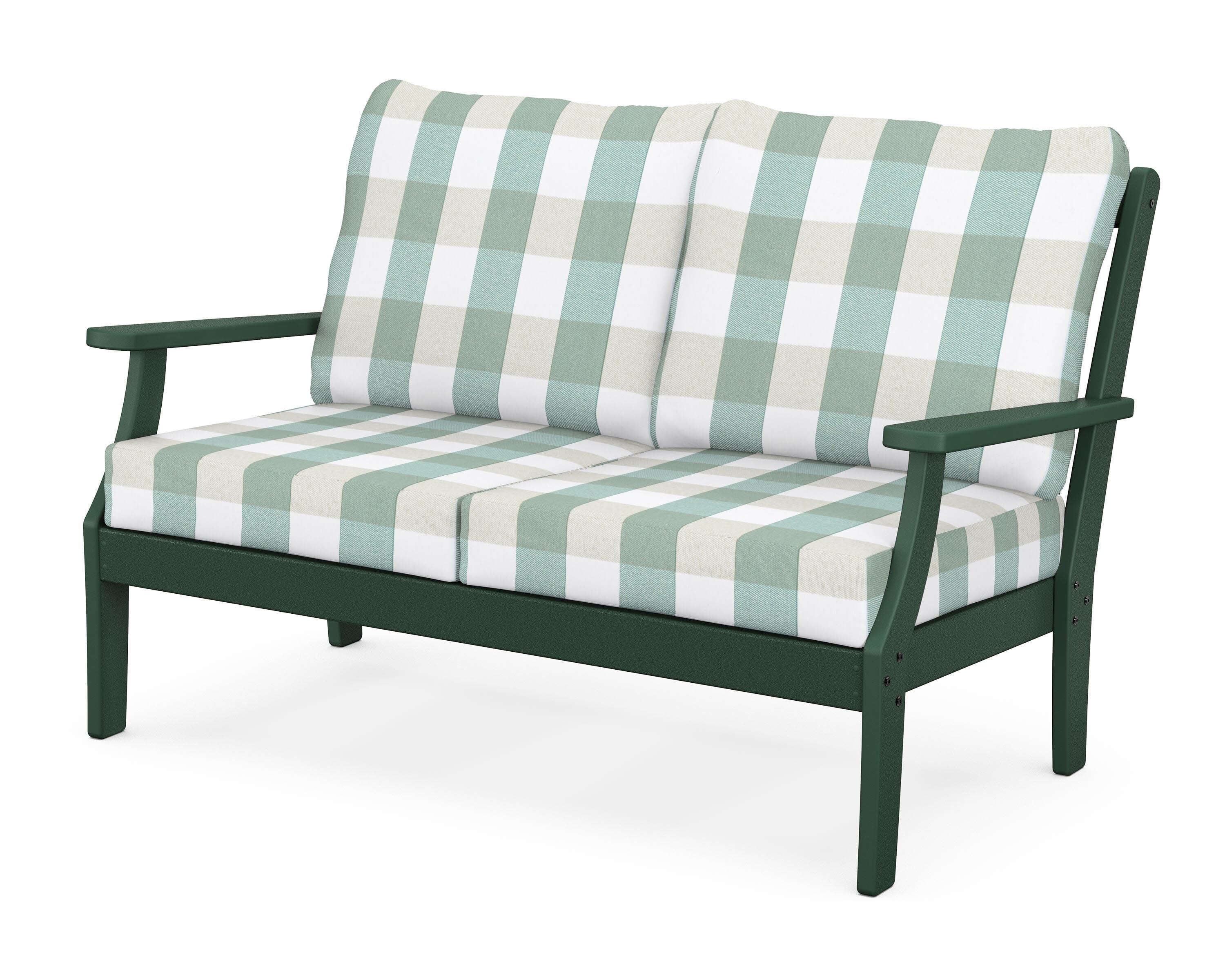 Yacht Club Deep Seating Loveseat in Rainforest Canopy / Buffalo Plaid Glacier Spa