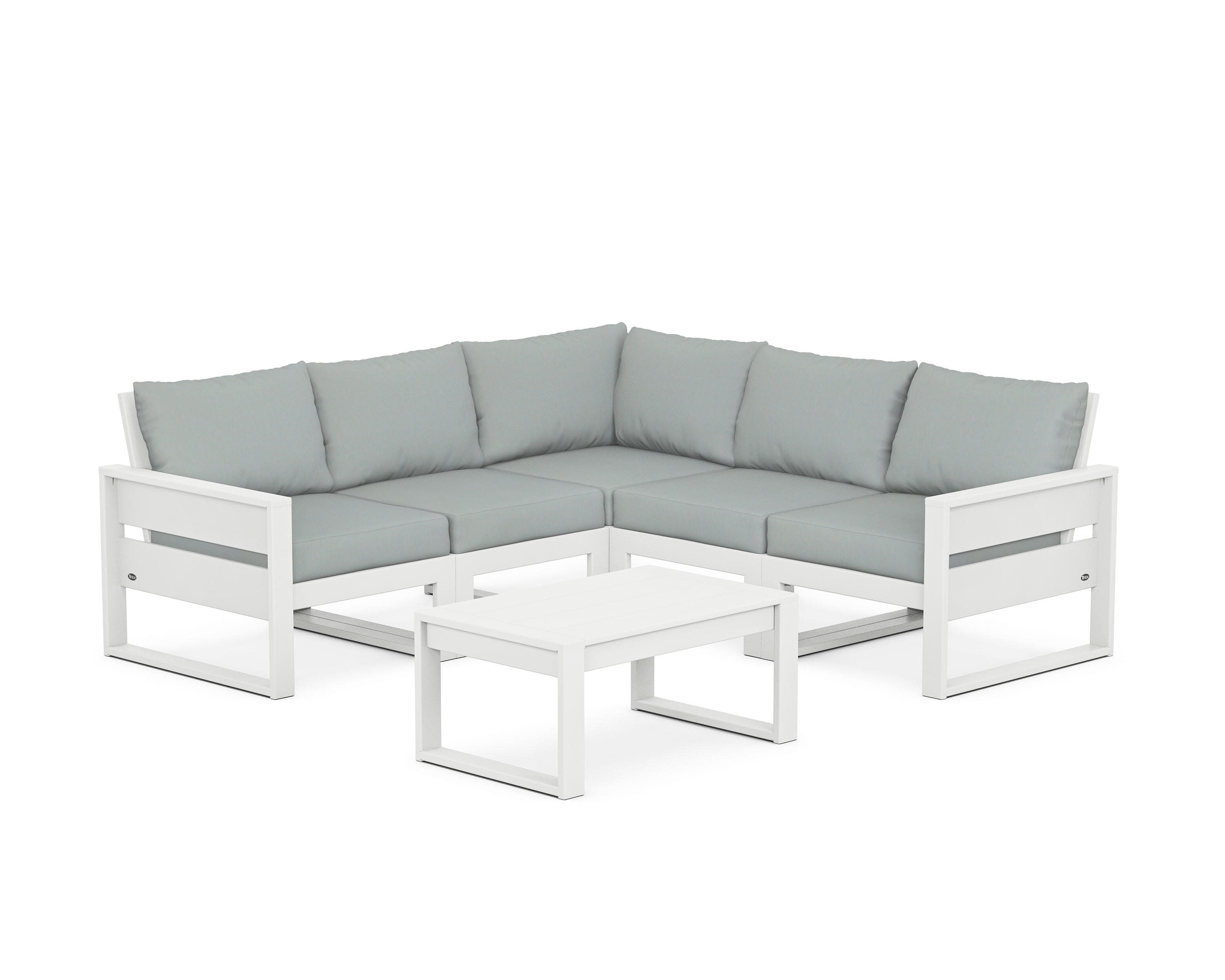 Eastport 6-Piece Deep Seating Sectional + Coffee Table Set in Classic White / Spa