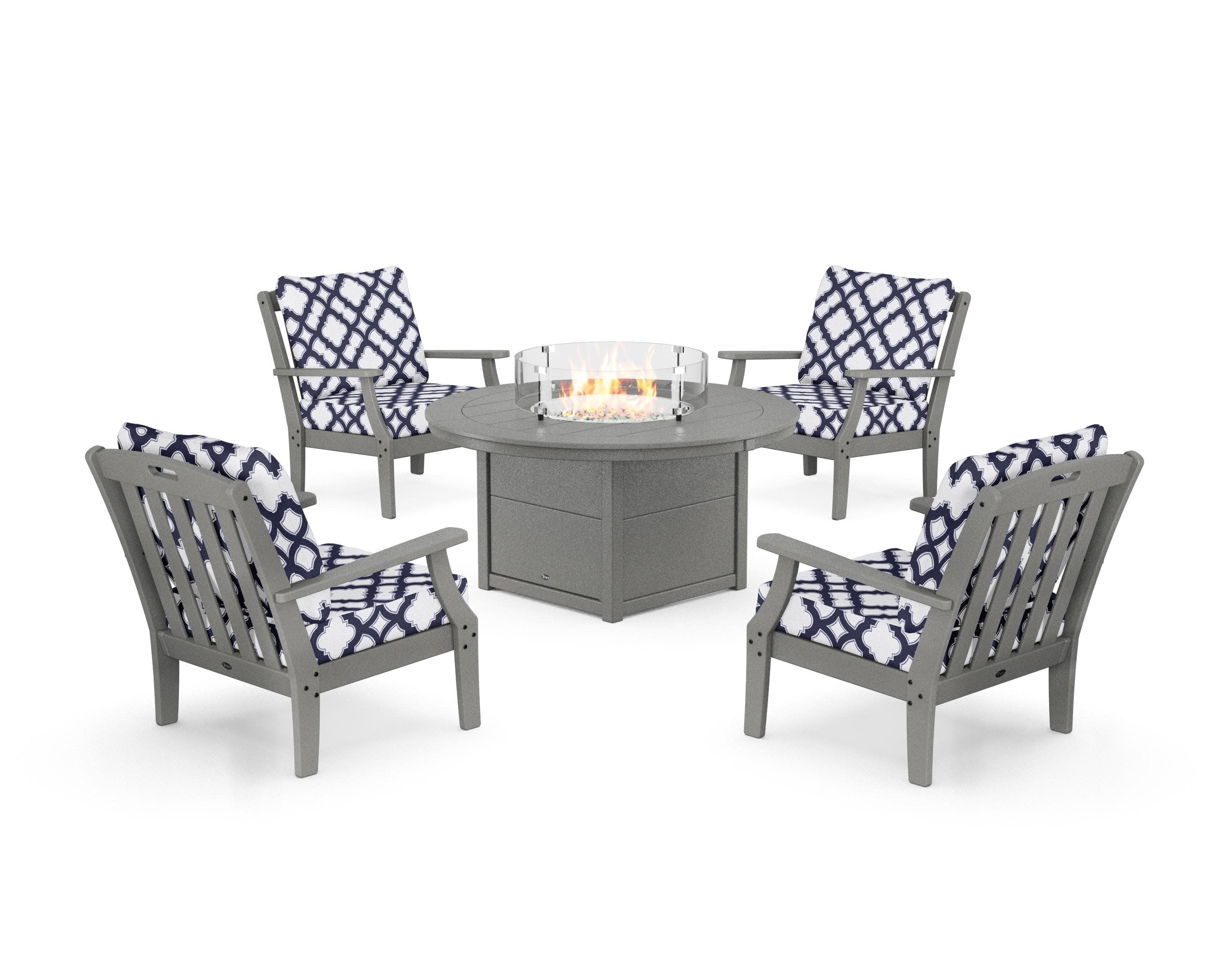 Yacht Club 5-Piece Deep Seating Set with Round Fire Pit Table in Stepping Stone / Trellis Navy