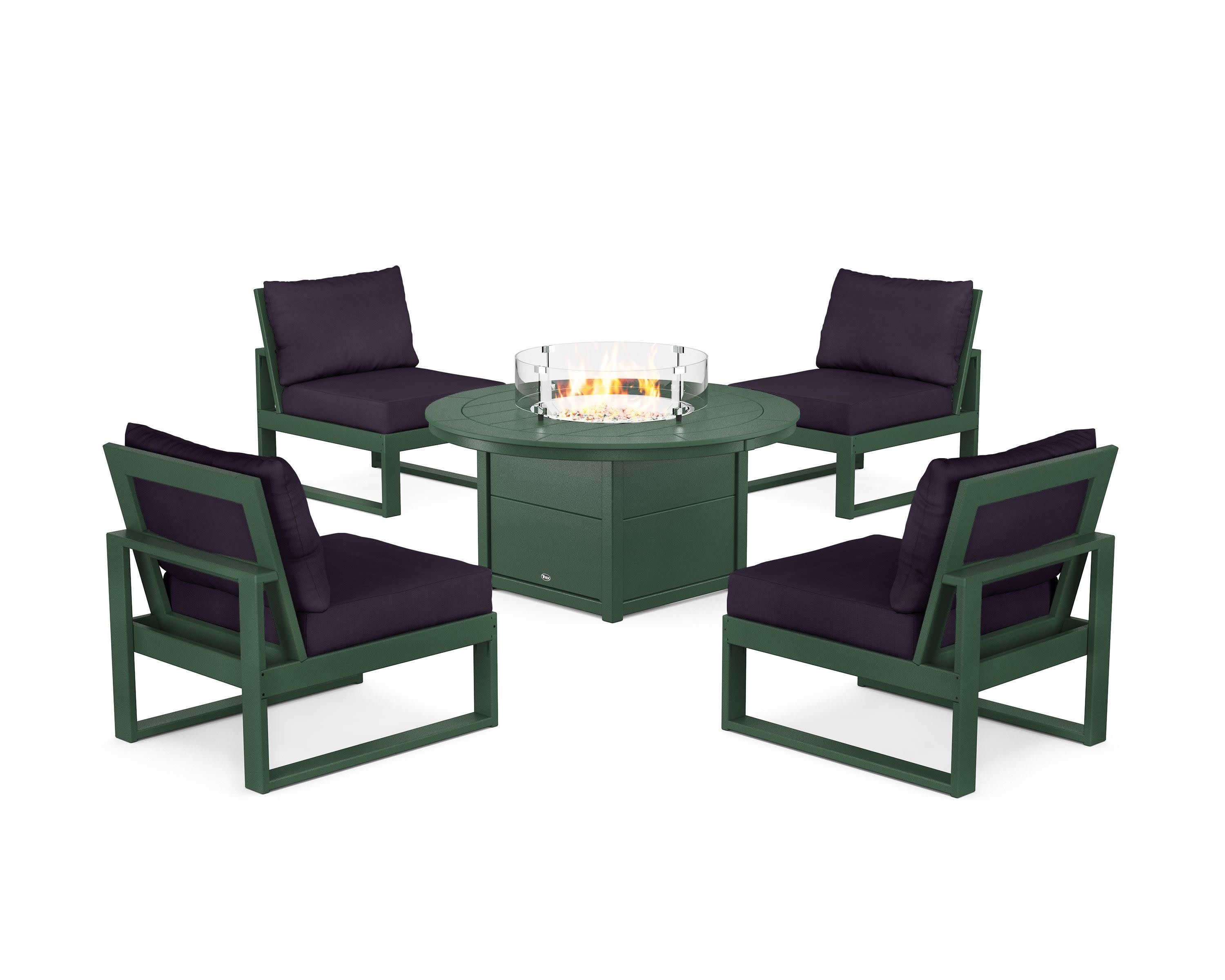 Eastport Modular 5-Piece Deep Seating Set with Round Fire Pit Table in Rainforest Canopy / Navy Linen