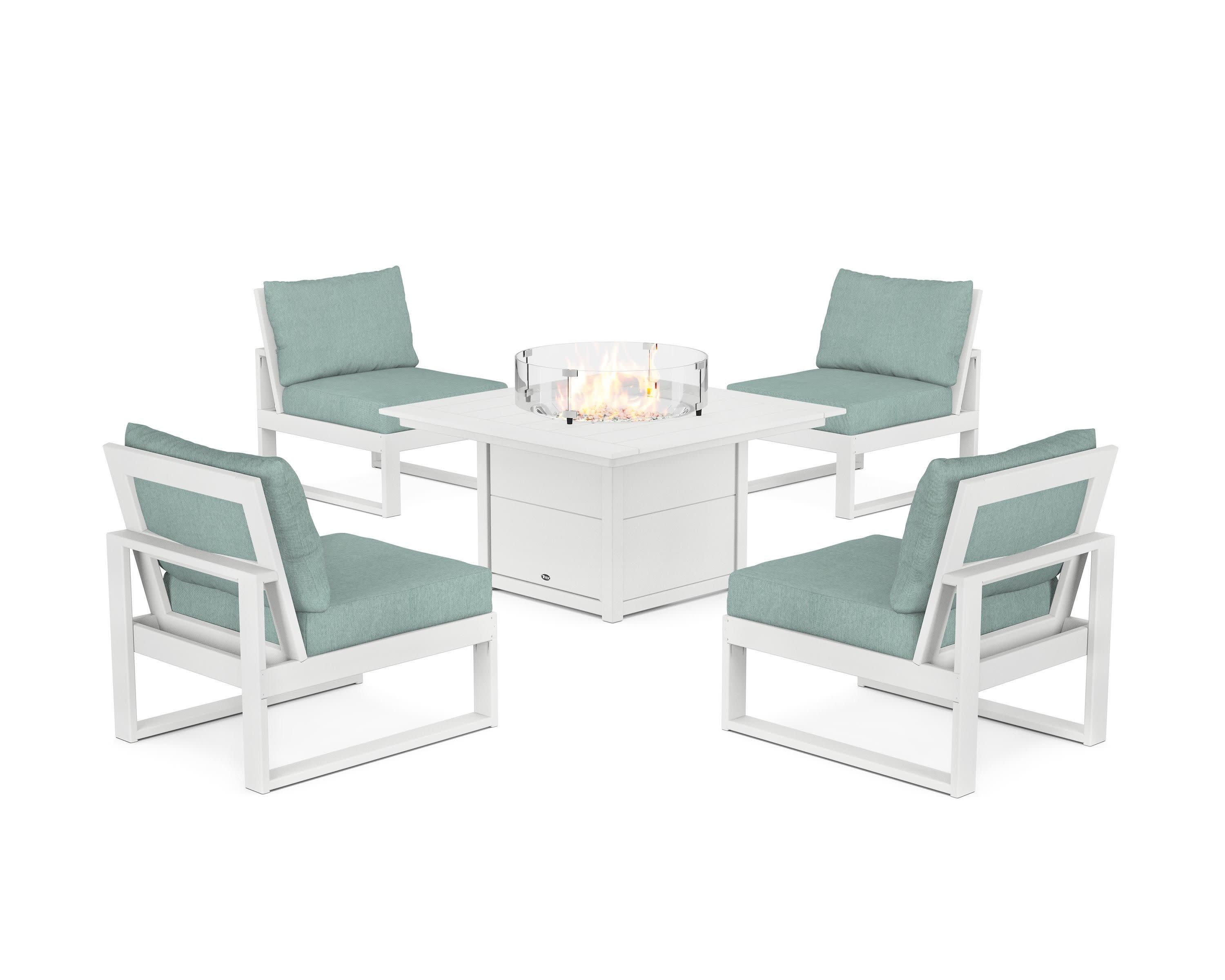 Eastport Modular 5-Piece Deep Seating Set with Square Fire Pit Table in Classic White / Glacier Spa