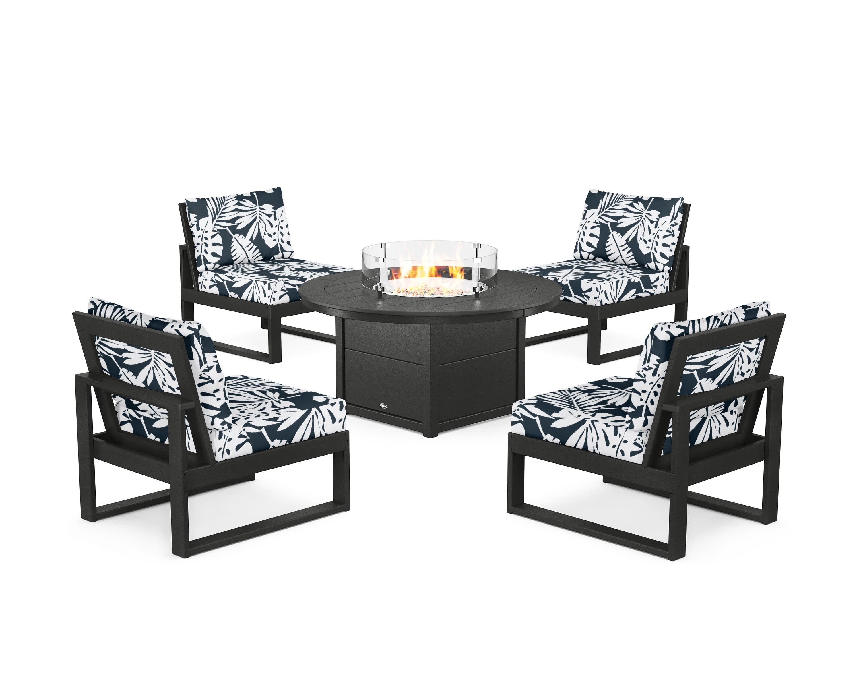 Eastport Modular 5-Piece Deep Seating Set with Round Fire Pit Table in Charcoal Black / Leaf Marine Indigo