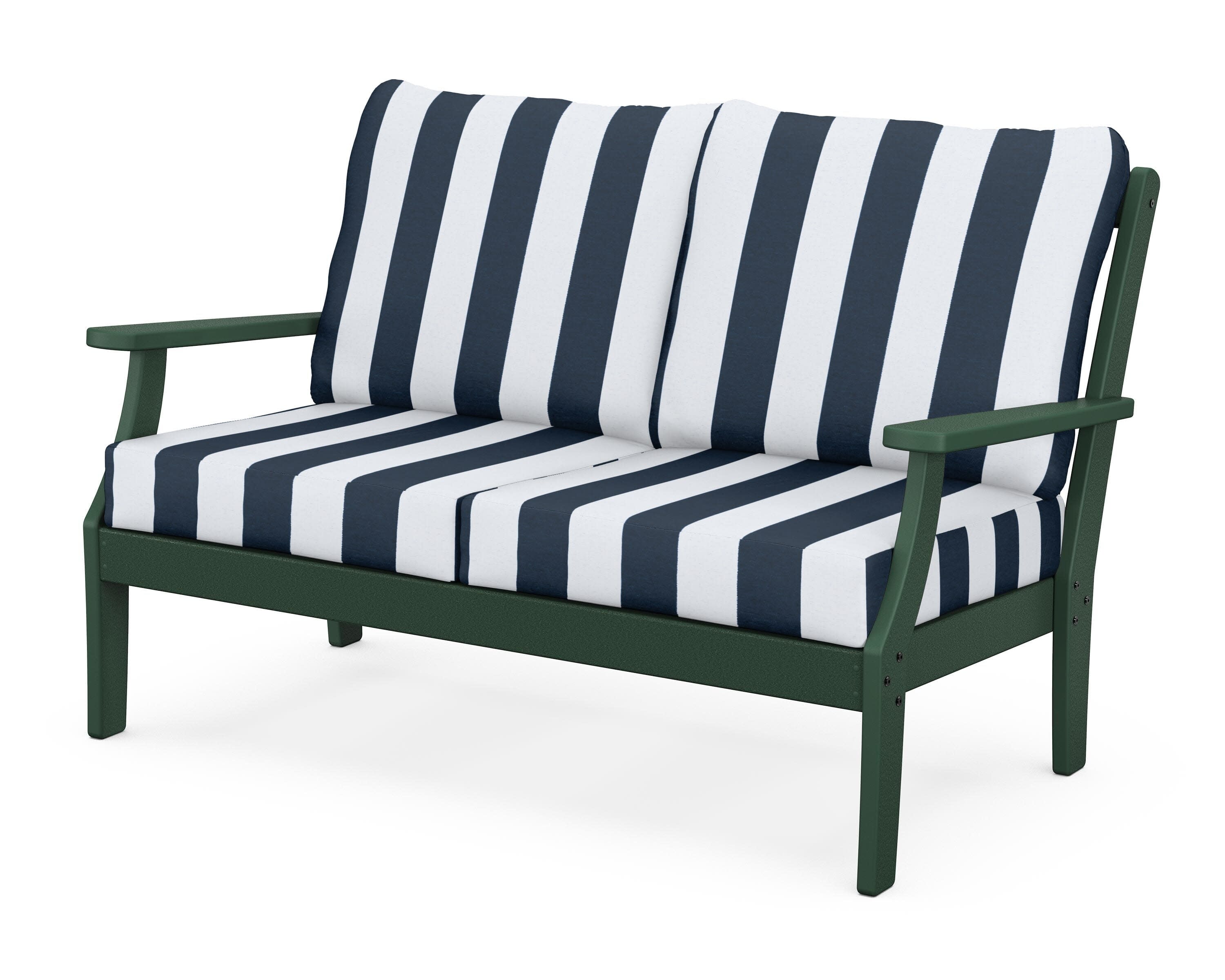 Yacht Club Deep Seating Loveseat in Rainforest Canopy / Cabana Stripe Marine Indigo