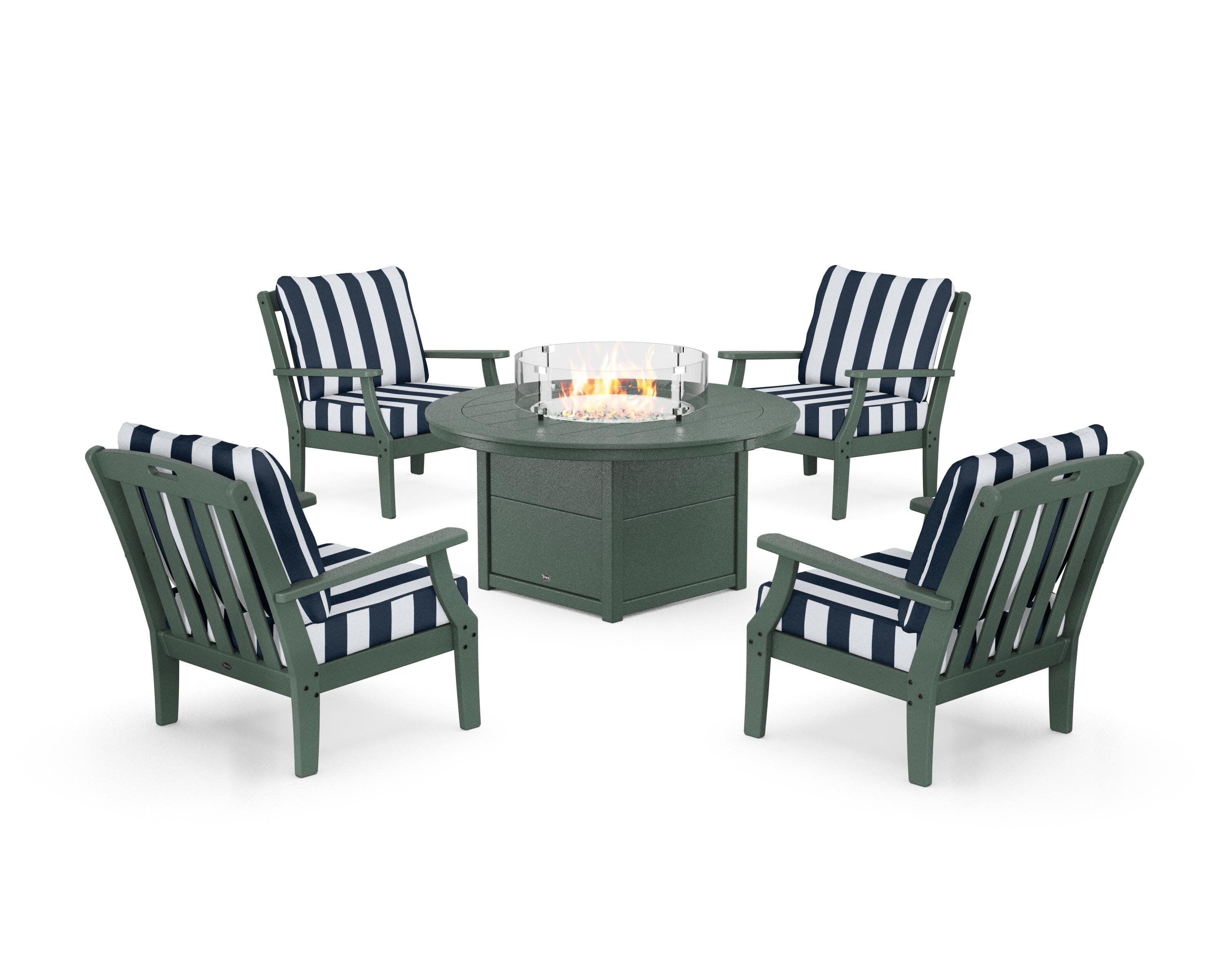 Yacht Club 5-Piece Deep Seating Set with Round Fire Pit Table in Rainforest Canopy / Cabana Stripe Marine Indigo