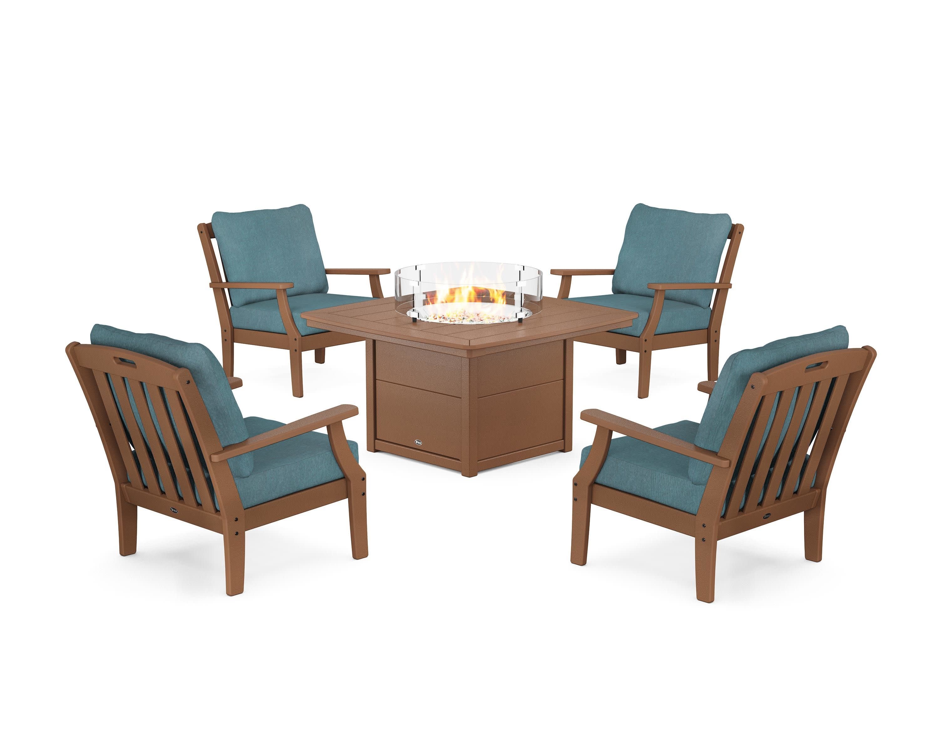 Yacht Club 5-Piece Deep Seating Set with Fire Pit Table in Tree House / Ocean Teal