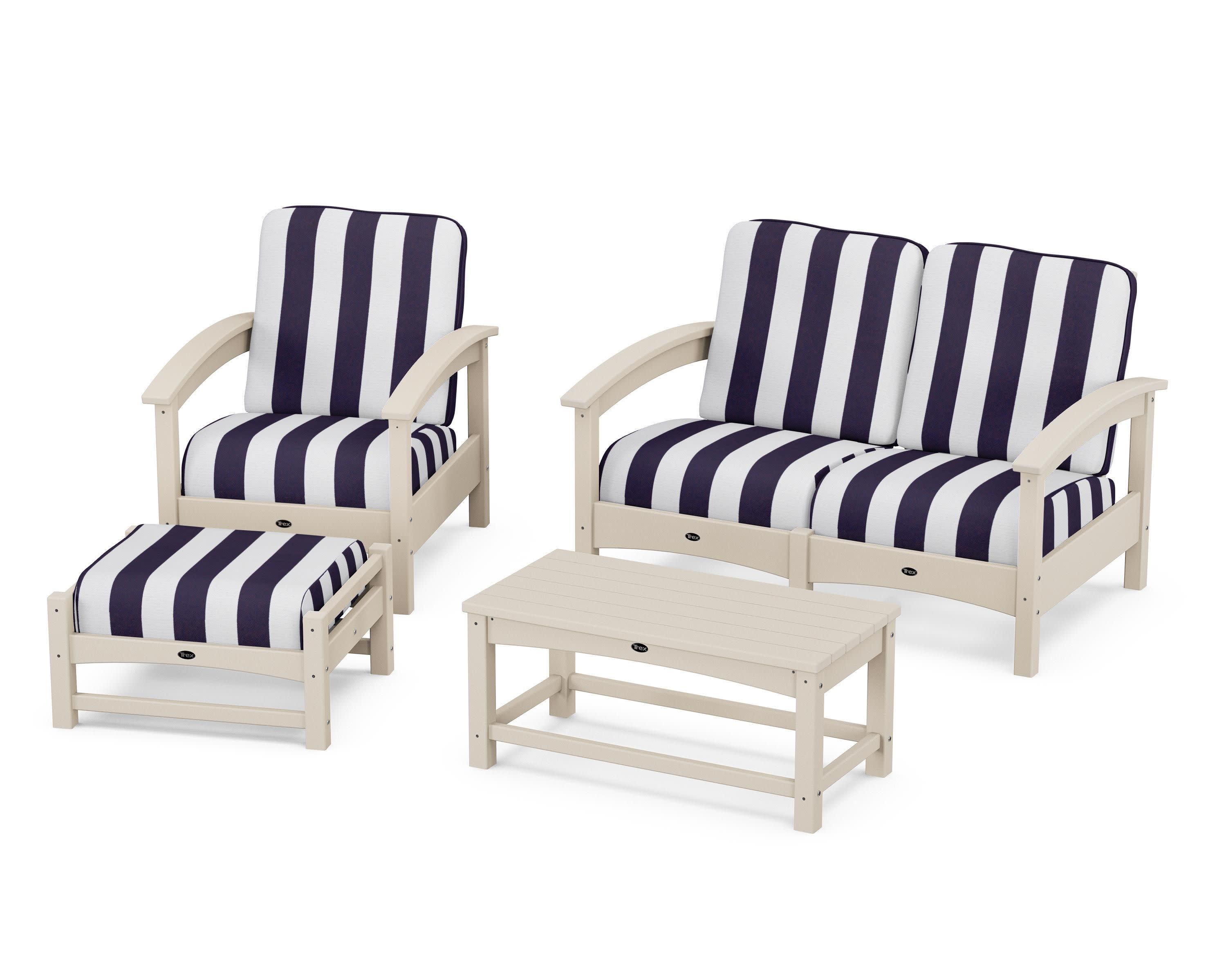 Rockport 4-Piece Deep Seating Conversation Group in Sand Castle / Cabana Stripe Navy