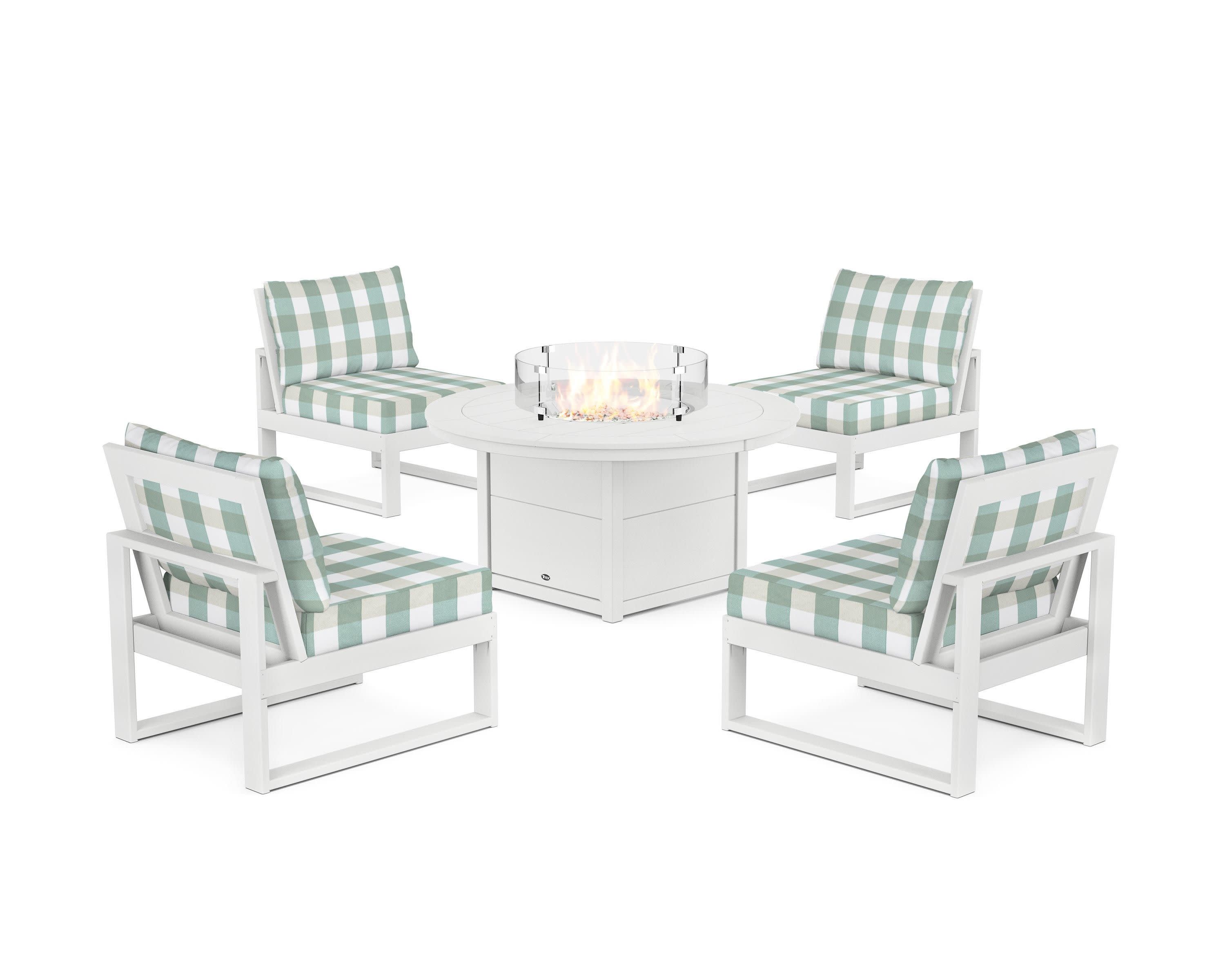 Eastport Modular 5-Piece Deep Seating Set with Round Fire Pit Table in Classic White / Buffalo Plaid Glacier Spa