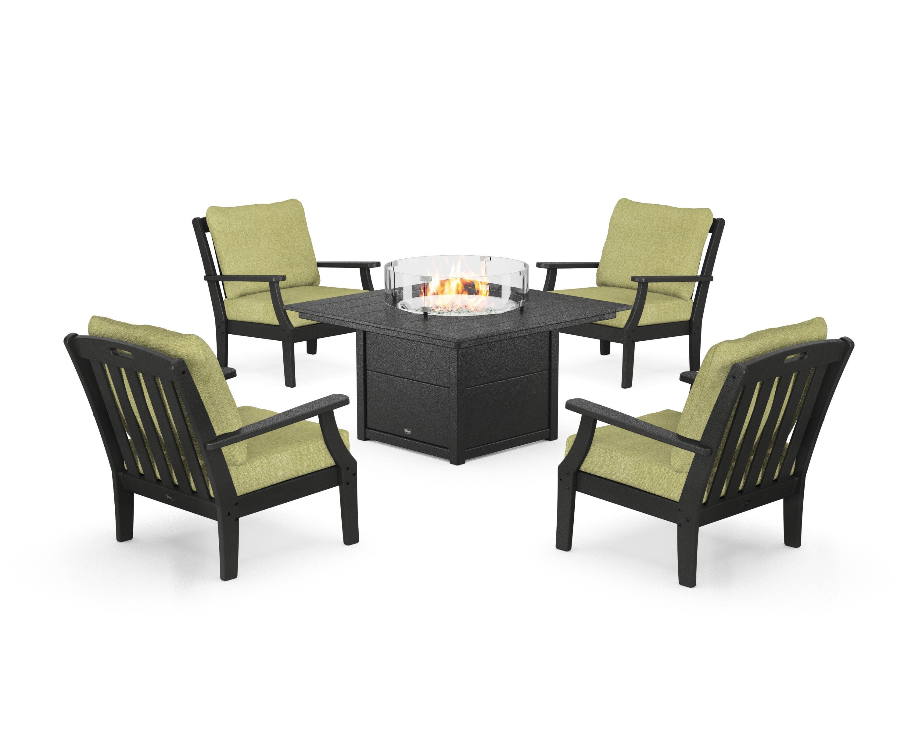 Yacht Club 5-Piece Deep Seating Set with Square Fire Pit Table in Charcoal Black / Chartreuse Boucle
