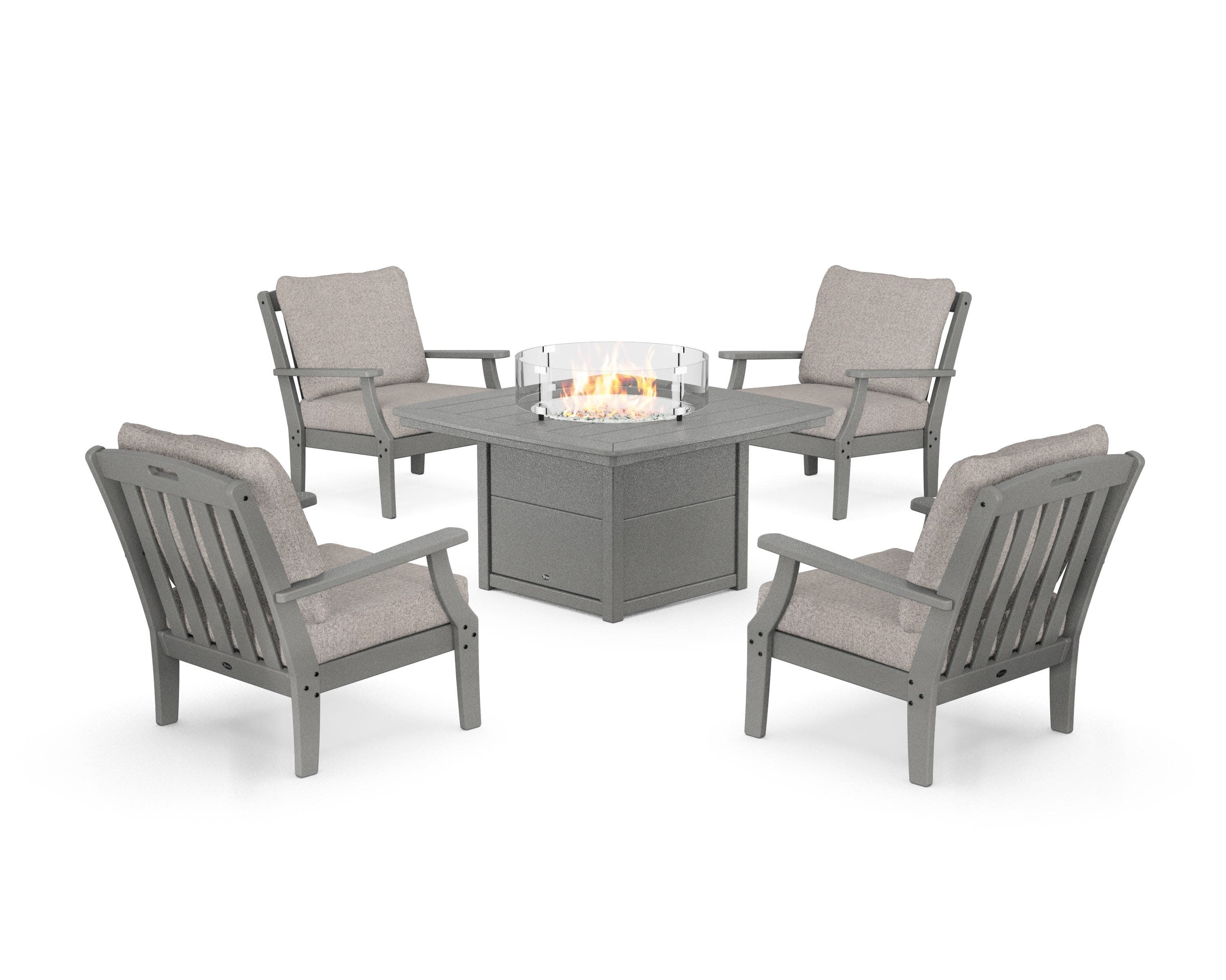 Yacht Club 5-Piece Deep Seating Set with Fire Pit Table in Stepping Stone / Weathered Tweed