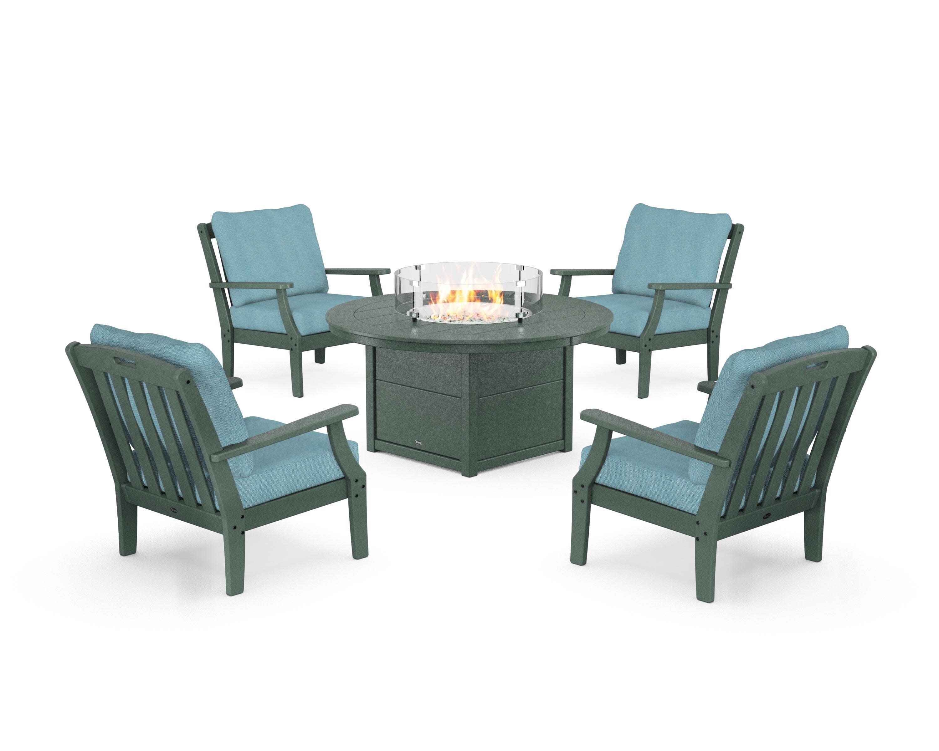 Yacht Club 5-Piece Deep Seating Set with Round Fire Pit Table in Rainforest Canopy / Lattice Sky Blue
