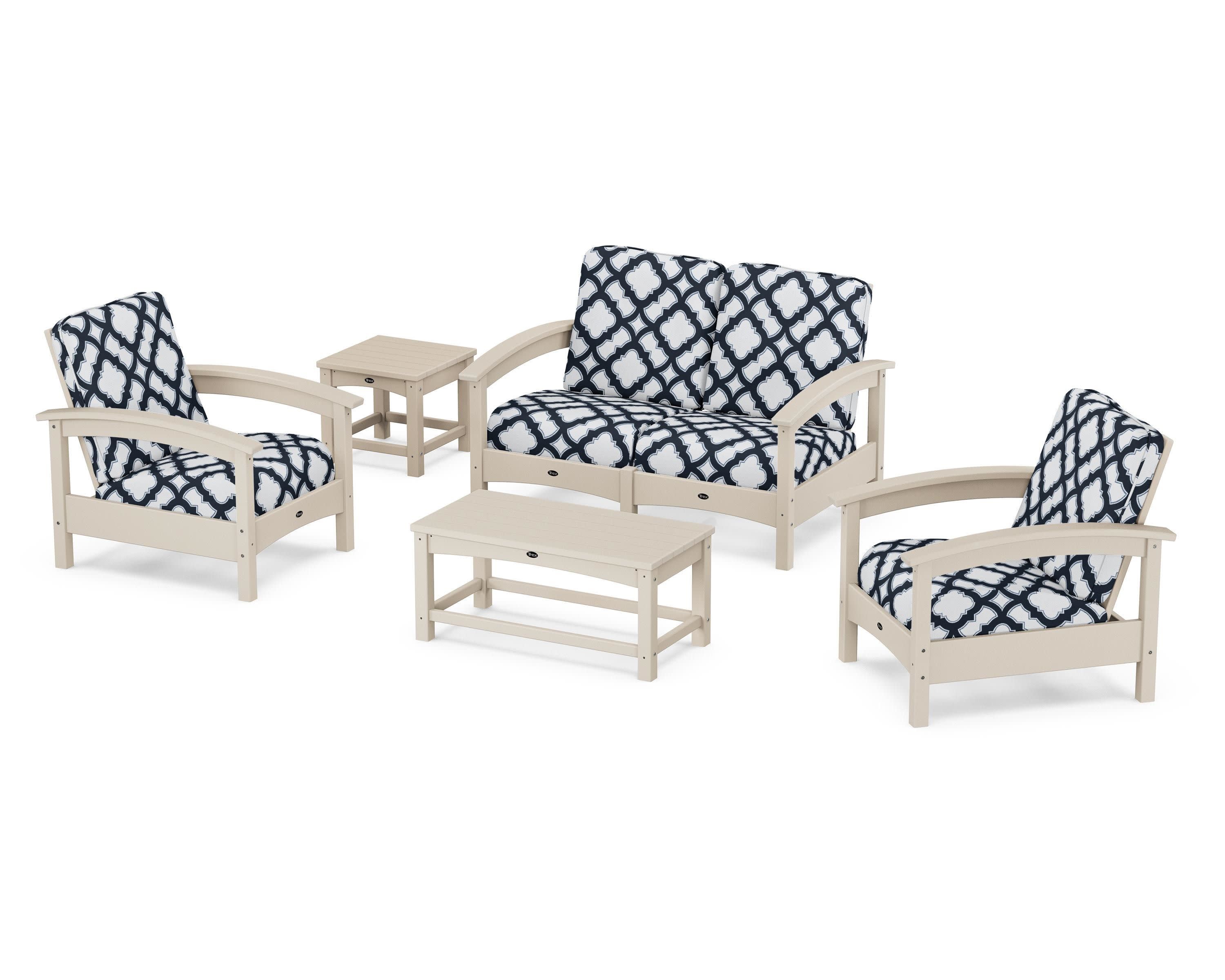 Rockport Club 6-Piece Deep Seating Conversation Set in Sand Castle / Trellis Marine Indigo