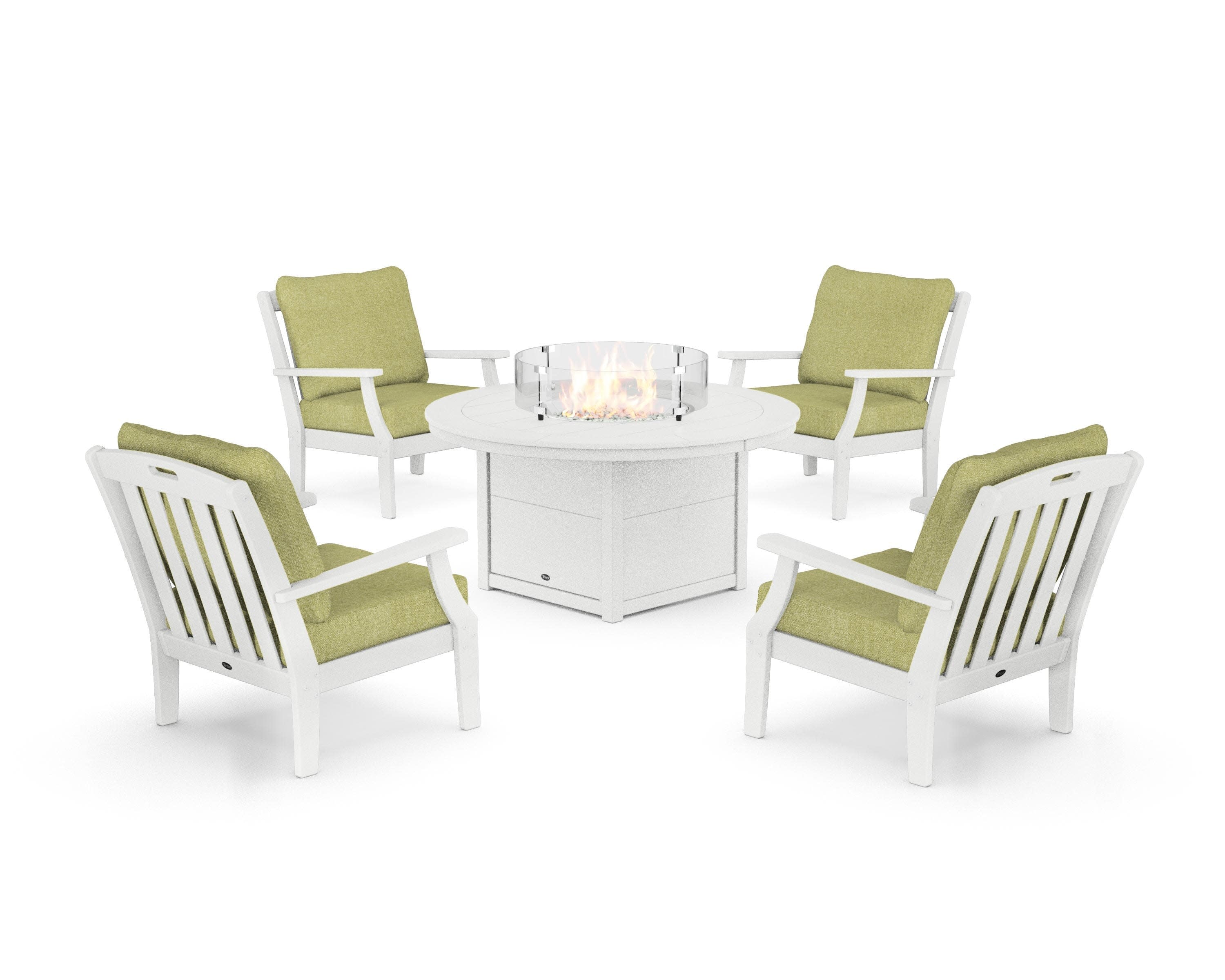 Yacht Club 5-Piece Deep Seating Set with Round Fire Pit Table in Classic White / Chartreuse Boucle