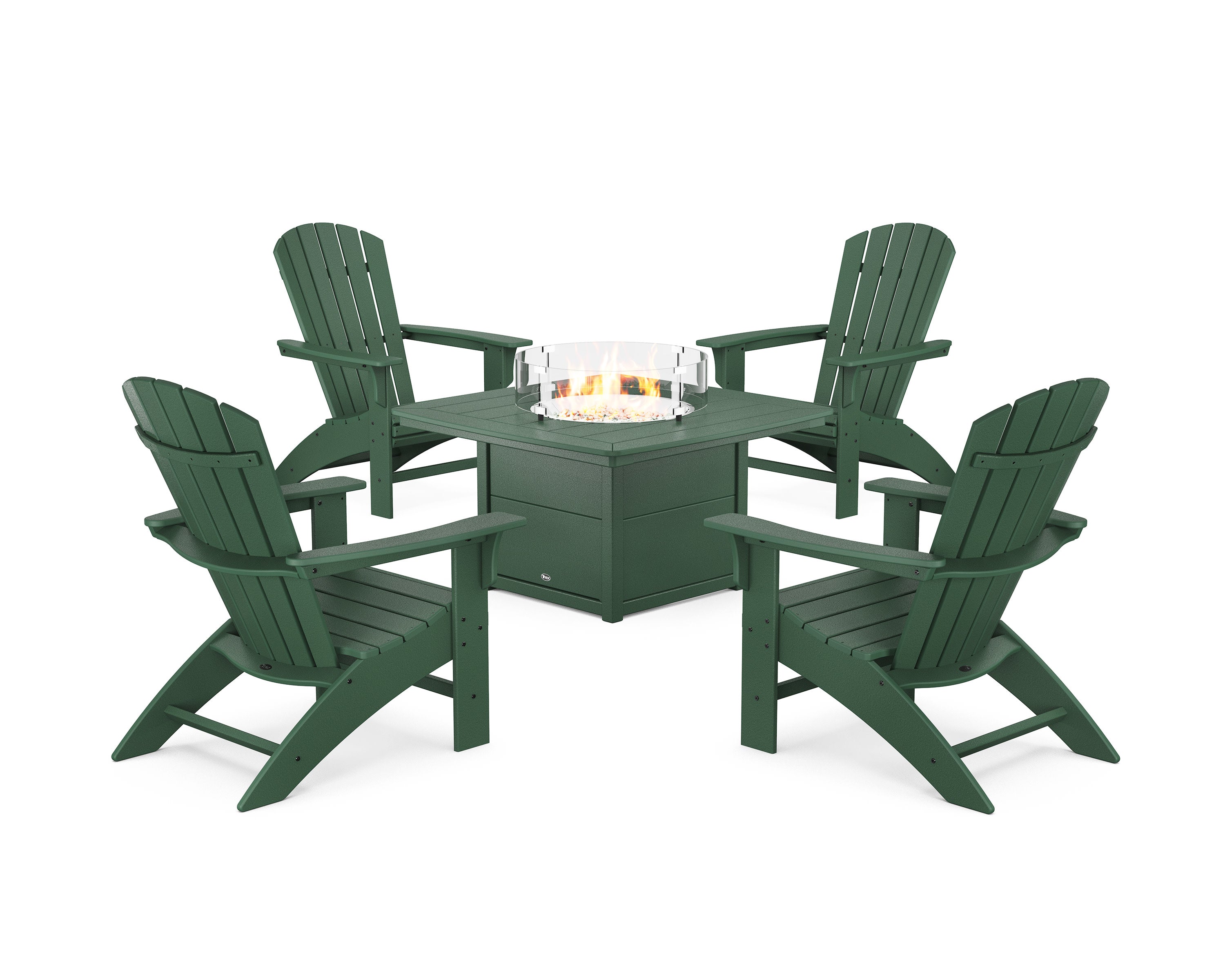Yacht Club Adirondack 5-Piece Set with Fire Pit Table in Rainforest Canopy