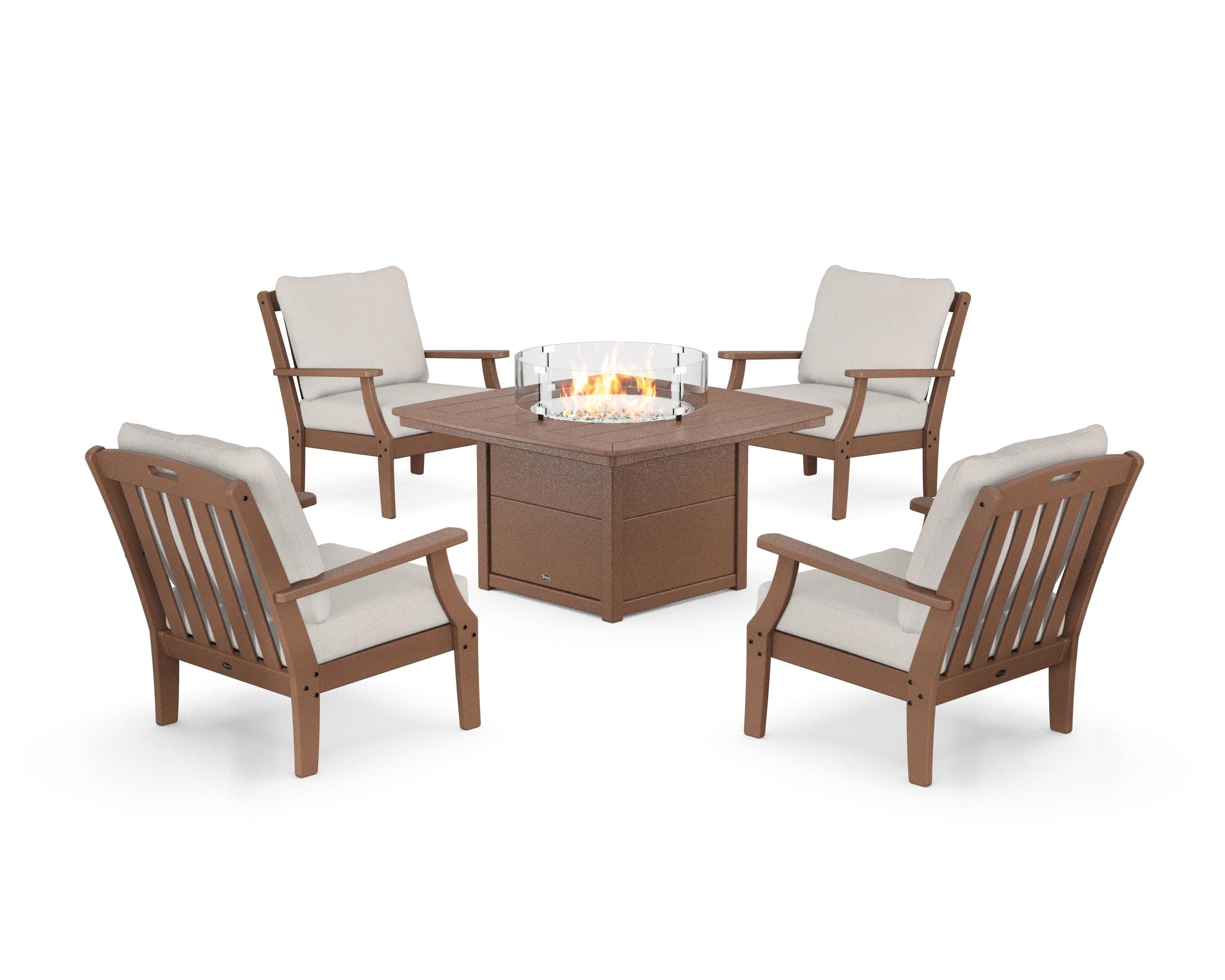 Yacht Club 5-Piece Deep Seating Set with Fire Pit Table in Tree House / Cast Ash