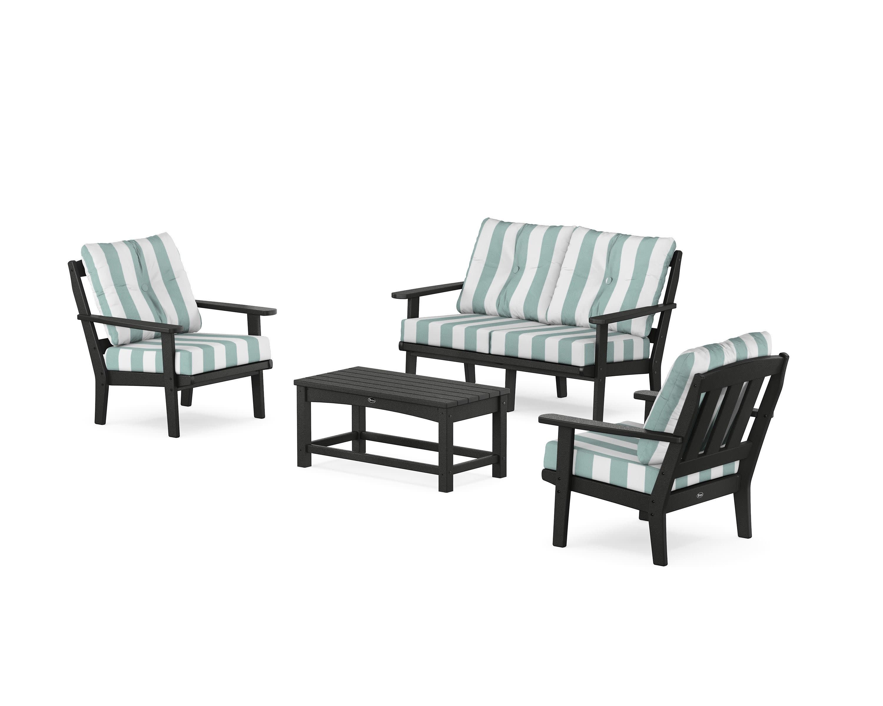 Cape Cod 4-Piece Deep Seating Set with Loveseat in Charcoal Black / Cabana Stripe Glacier Spa