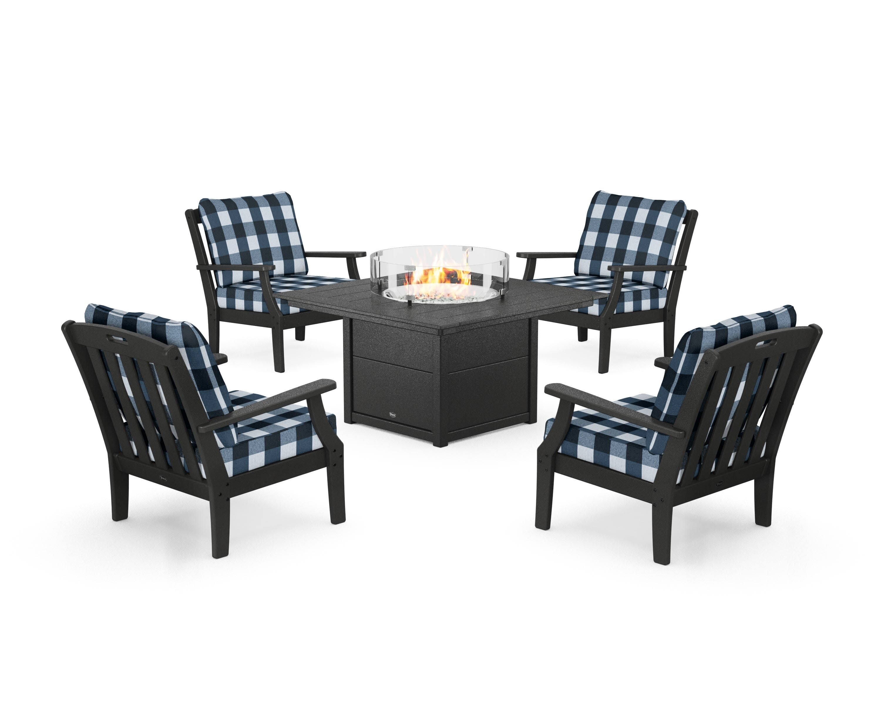 Yacht Club 5-Piece Deep Seating Set with Square Fire Pit Table in Charcoal Black / Buffalo Plaid Marine Indigo