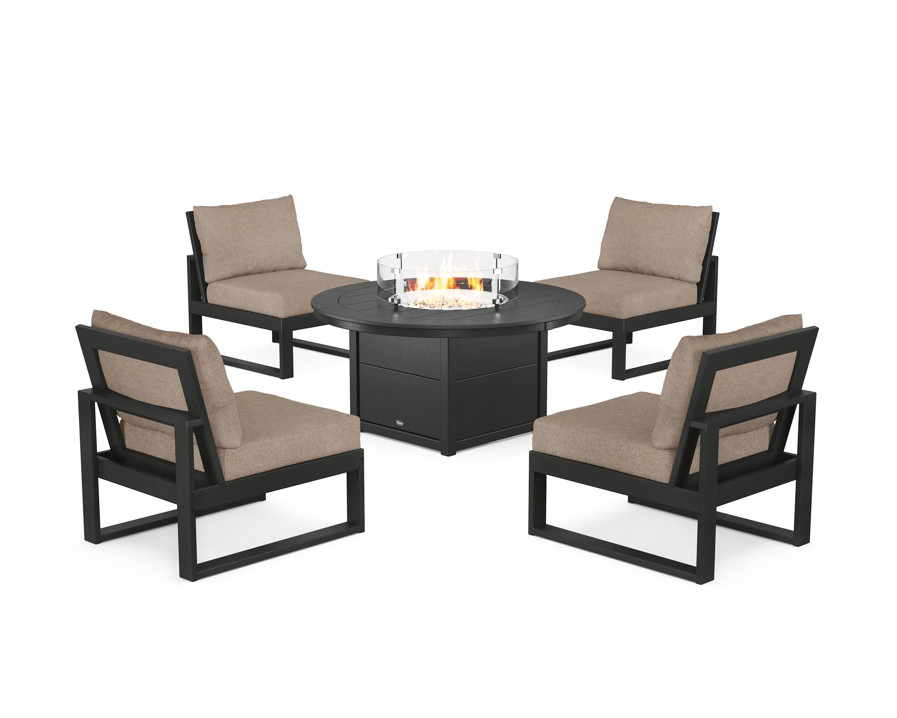 Eastport Modular 5-Piece Deep Seating Set with Round Fire Pit Table in Charcoal Black / Spiced Burlap