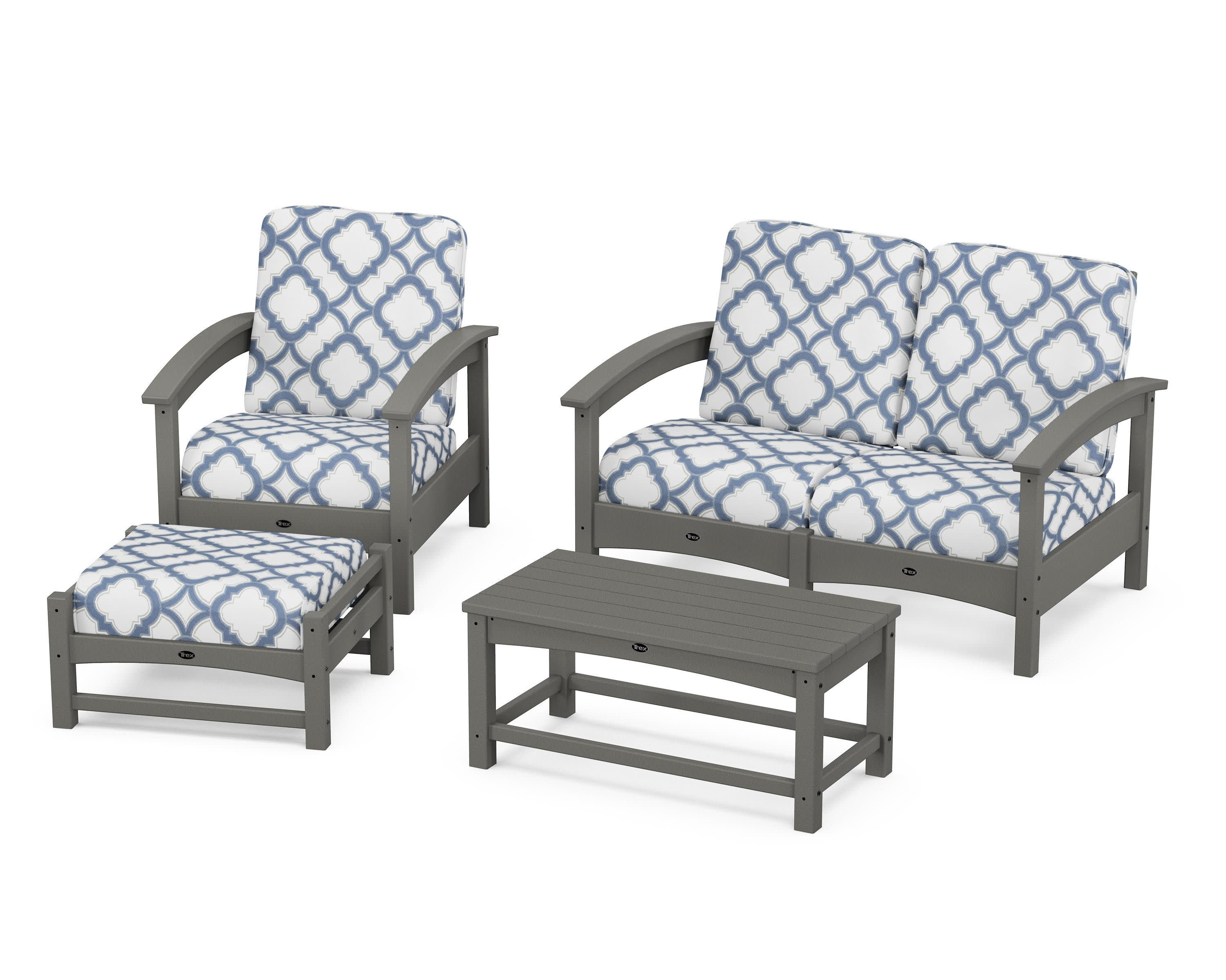 Rockport 4-Piece Deep Seating Conversation Group in Stepping Stone / Trellis Sky Blue