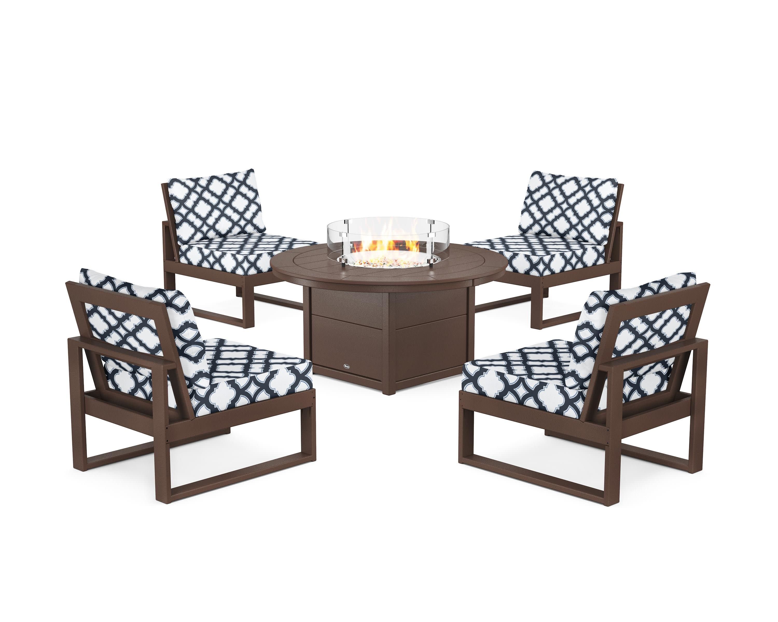 Eastport Modular 5-Piece Deep Seating Set with Round Fire Pit Table in Vintage Lantern / Trellis Marine Indigo