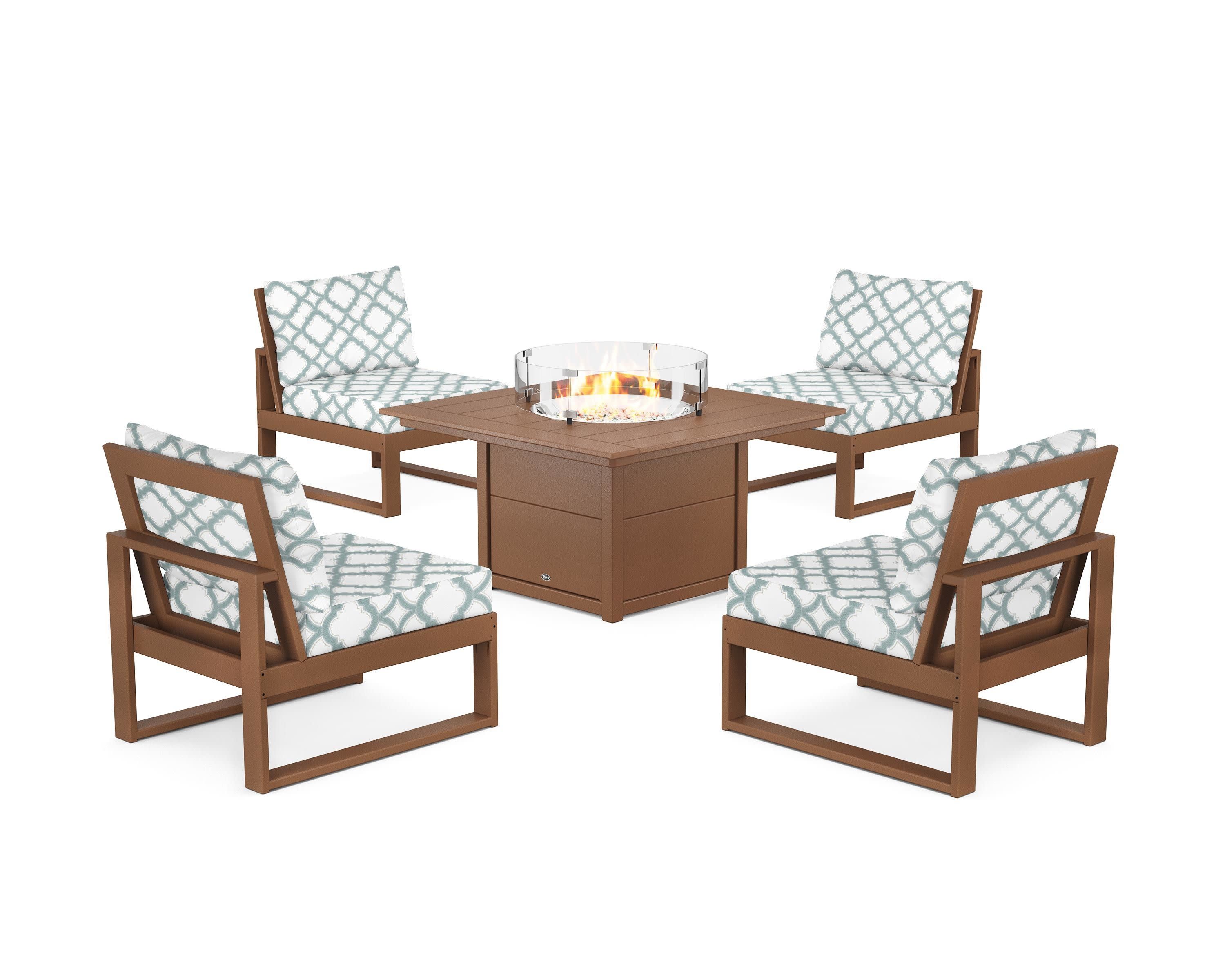 Eastport Modular 5-Piece Deep Seating Set with Square Fire Pit Table in Tree House / Trellis Glacier Spa