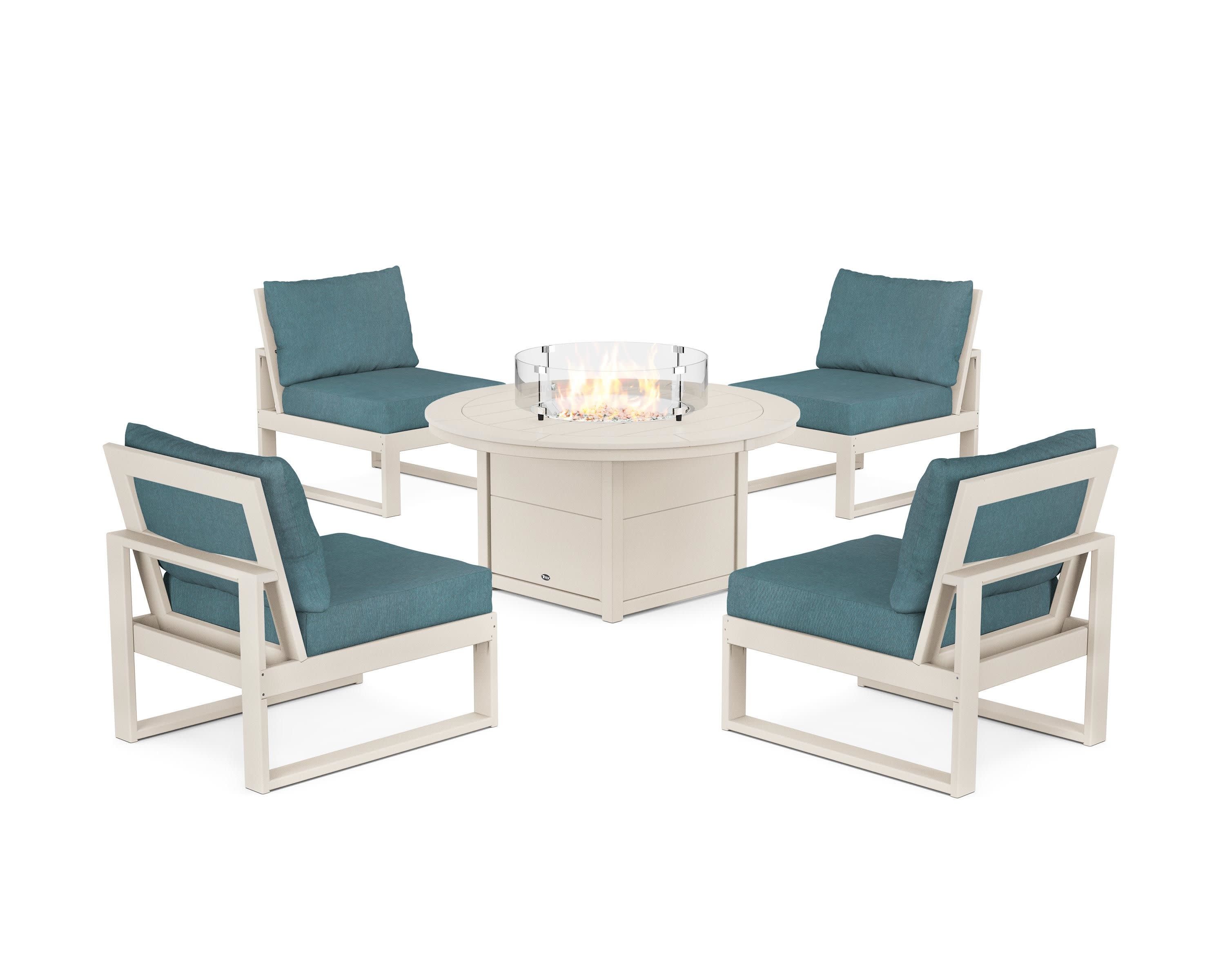 Eastport Modular 5-Piece Deep Seating Set with Round Fire Pit Table in Sand Castle / Ocean Teal